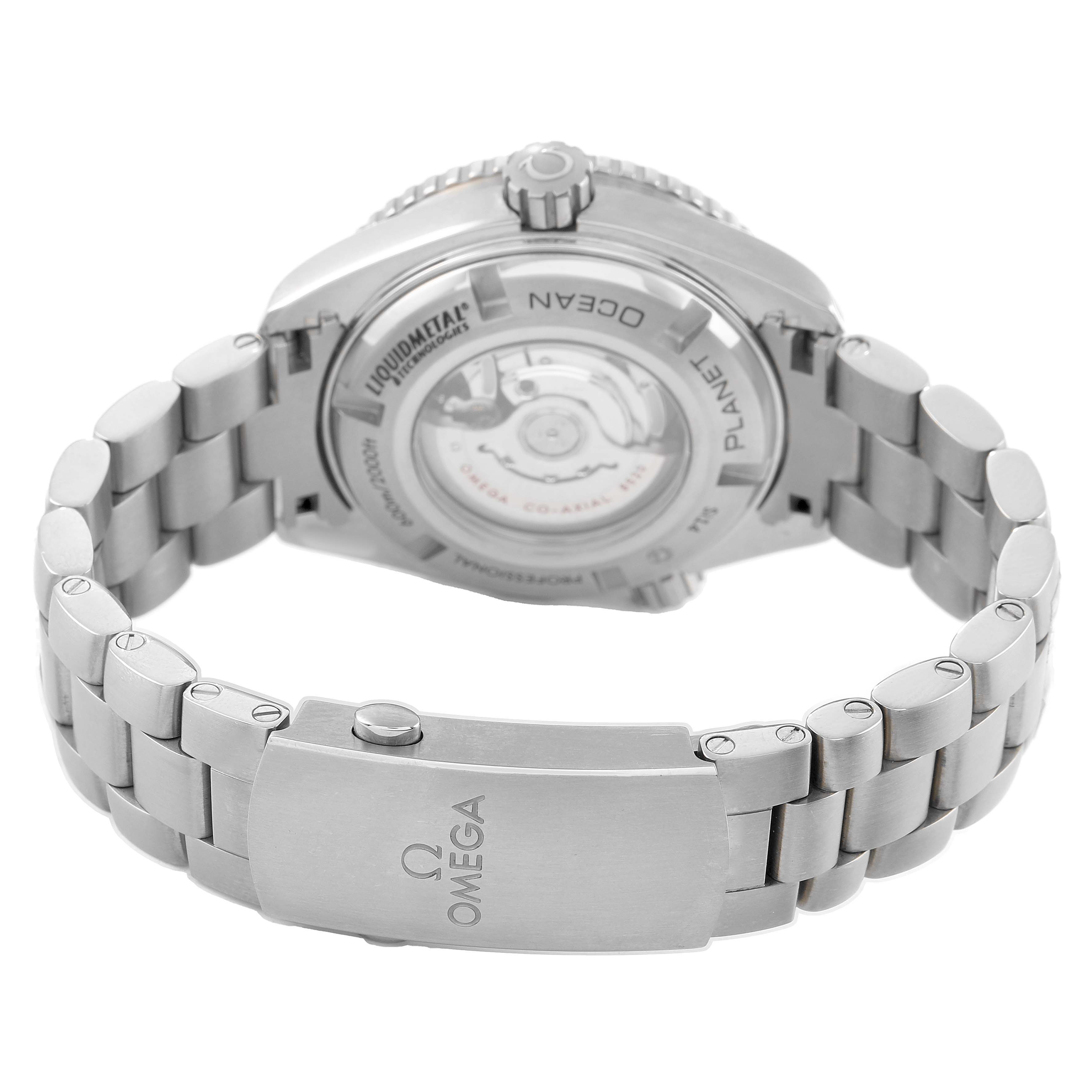 The image shows the Omega Planet Ocean 232.90.38.20.03.001 Men's Titanium Blue Dial watch from a rear angle, highlighting the case back and bracelet clasp.