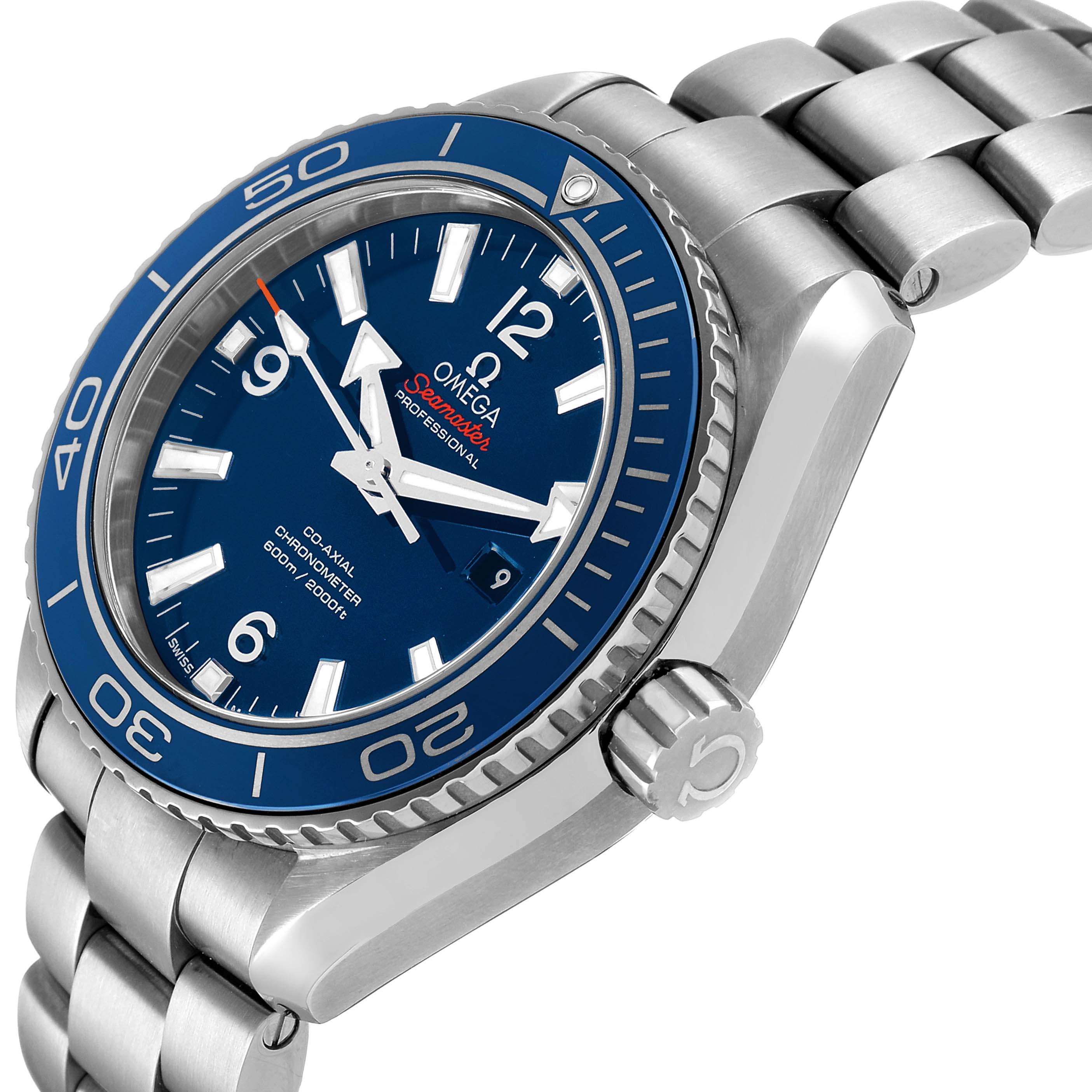 The Omega Planet Ocean 232.90.38.20.03.001 Men's Titanium Blue Dial watch is shown at a three-quarter angle, highlighting the bezel, dial, crown, and bracelet.