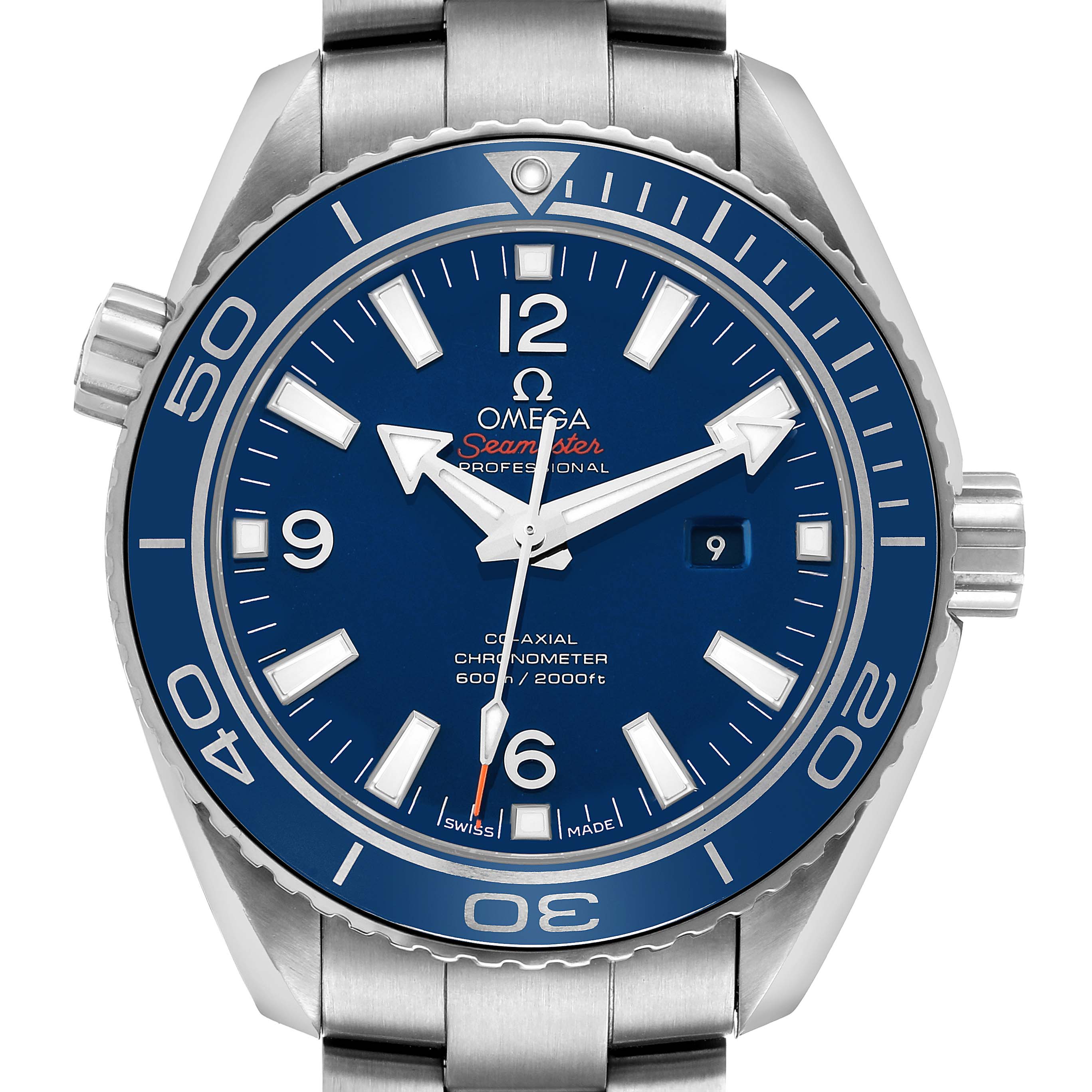 The Omega Planet Ocean 232.90.38.20.03.001 Men's Titanium Blue Dial watch is shown from a front angle, highlighting its blue dial, bezel, and stainless steel bracelet.