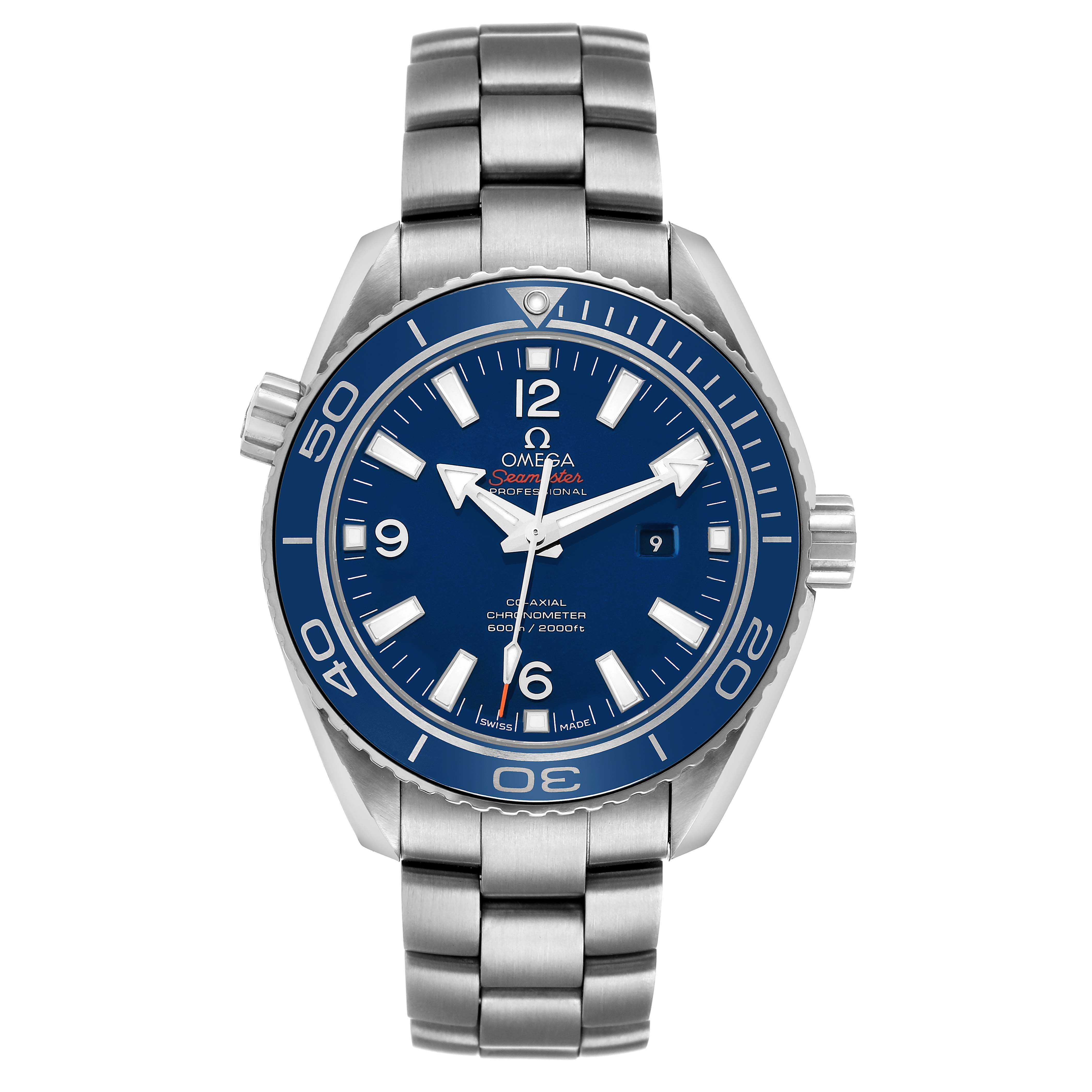 The Omega Planet Ocean 232.90.38.20.03.001 Men's Titanium Blue Dial watch is shown from the front, featuring the bezel, dial, hands, crown, and metal bracelet.