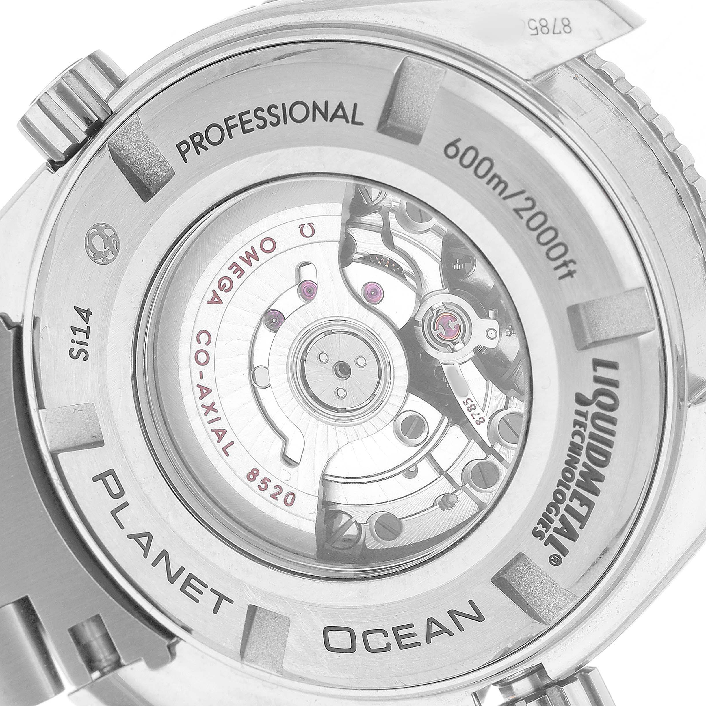 The image shows the case back of the Omega Planet Ocean 232.90.38.20.03.001 Men's Titanium Blue Dial, highlighting the movement and "Professional" and "Liquidmetal" markings.