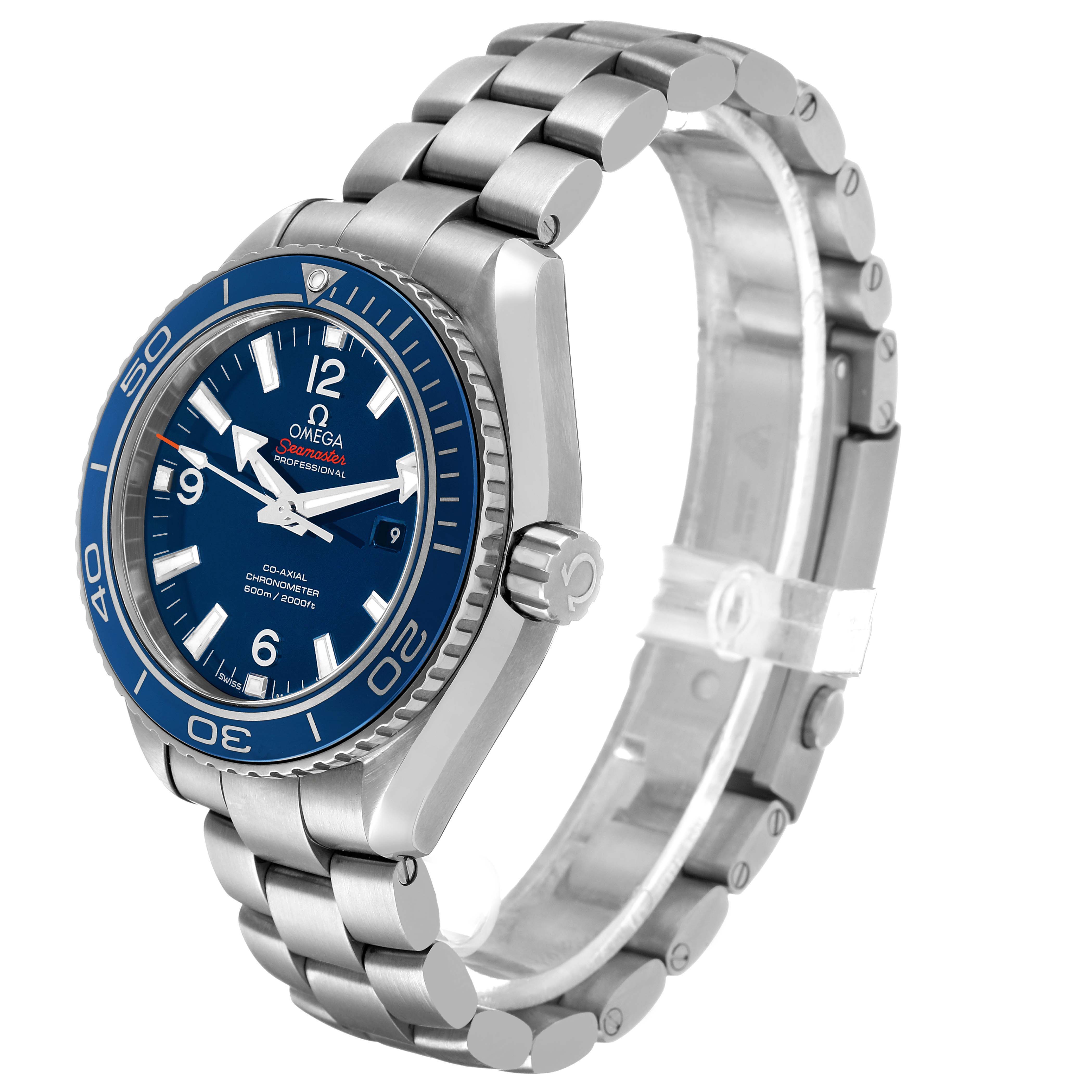 The Omega Planet Ocean 232.90.38.20.03.001 Men's Titanium Blue Dial watch is shown at a 3/4 angle, displaying the dial, bezel, crown, and bracelet.