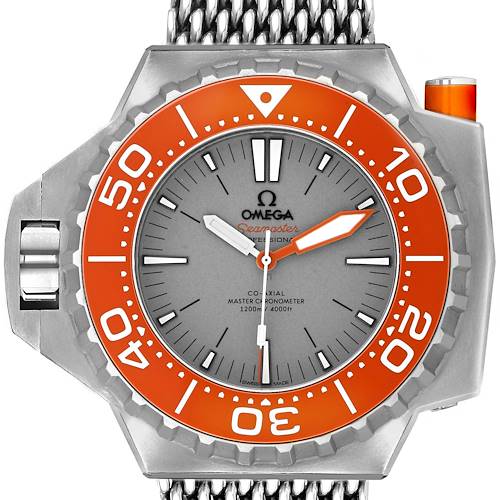 The Omega Ploprof 227.90.55.21.99.002 Men's Titanium Grey Dial watch is shown from the front, highlighting its orange bezel, dial, hands, and mesh bracelet.