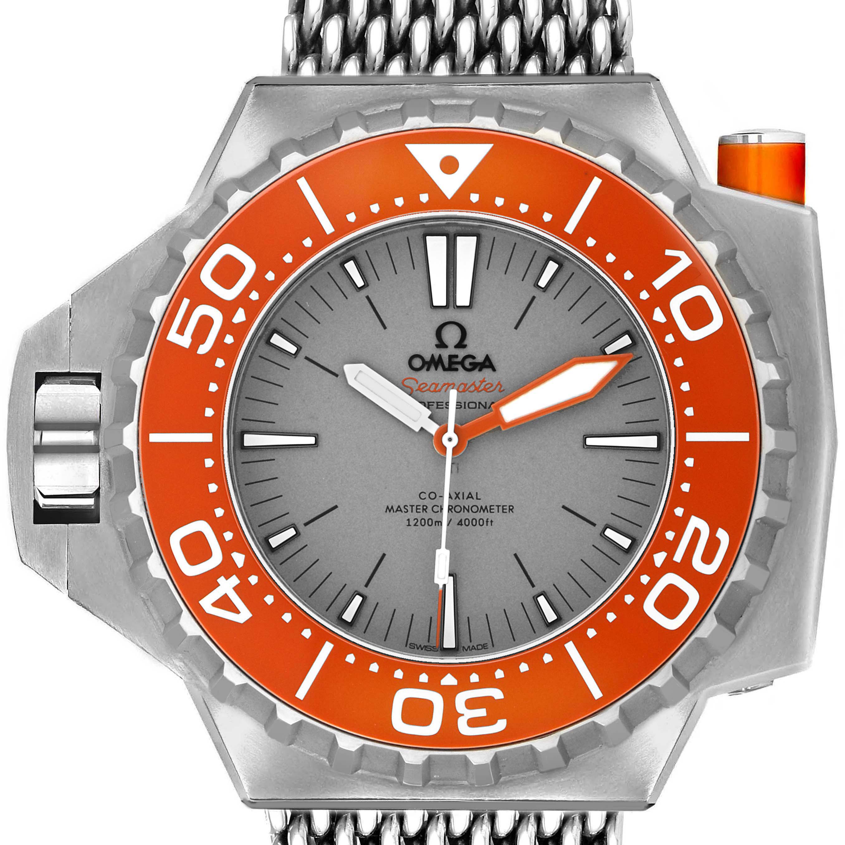 The Omega Ploprof 227.90.55.21.99.002 Men's Titanium Grey Dial watch is shown from a frontal angle, featuring its orange bezel, gray dial, and steel mesh bracelet.