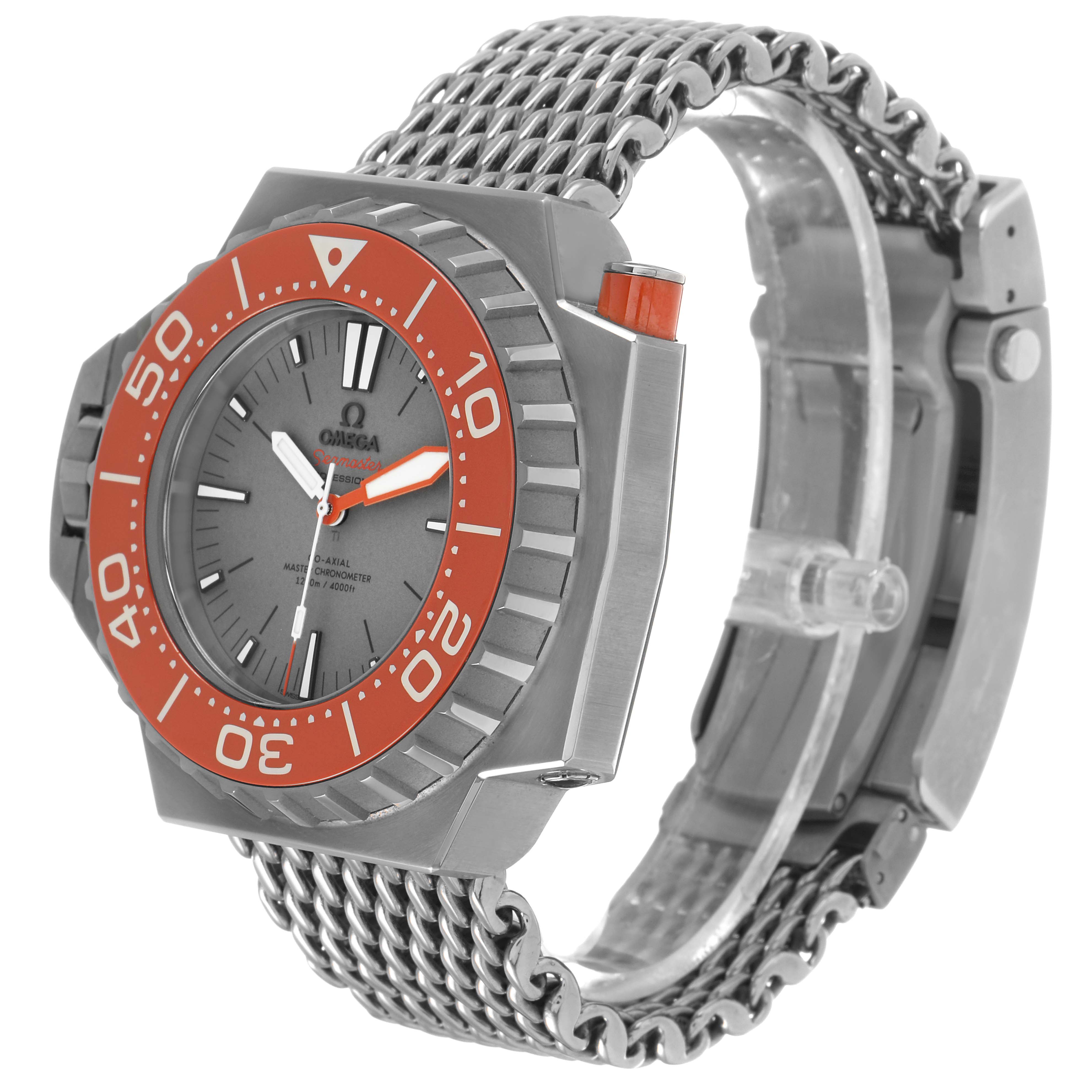 The Omega Ploprof 227.90.55.21.99.002 Men's Titanium Grey Dial watch is shown at a three-quarter angle, highlighting the bezel, dial, bracelet, and clasp.