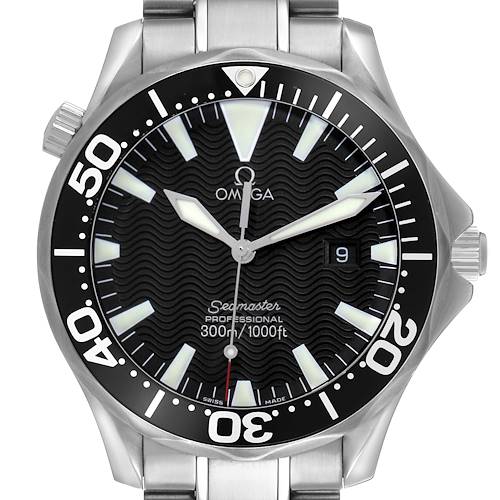 The Omega Seamaster 2264.50.00 Men's Stainless Steel Black Dial watch is shown from the front, displaying the dial, bezel, hands, and part of the bracelet.