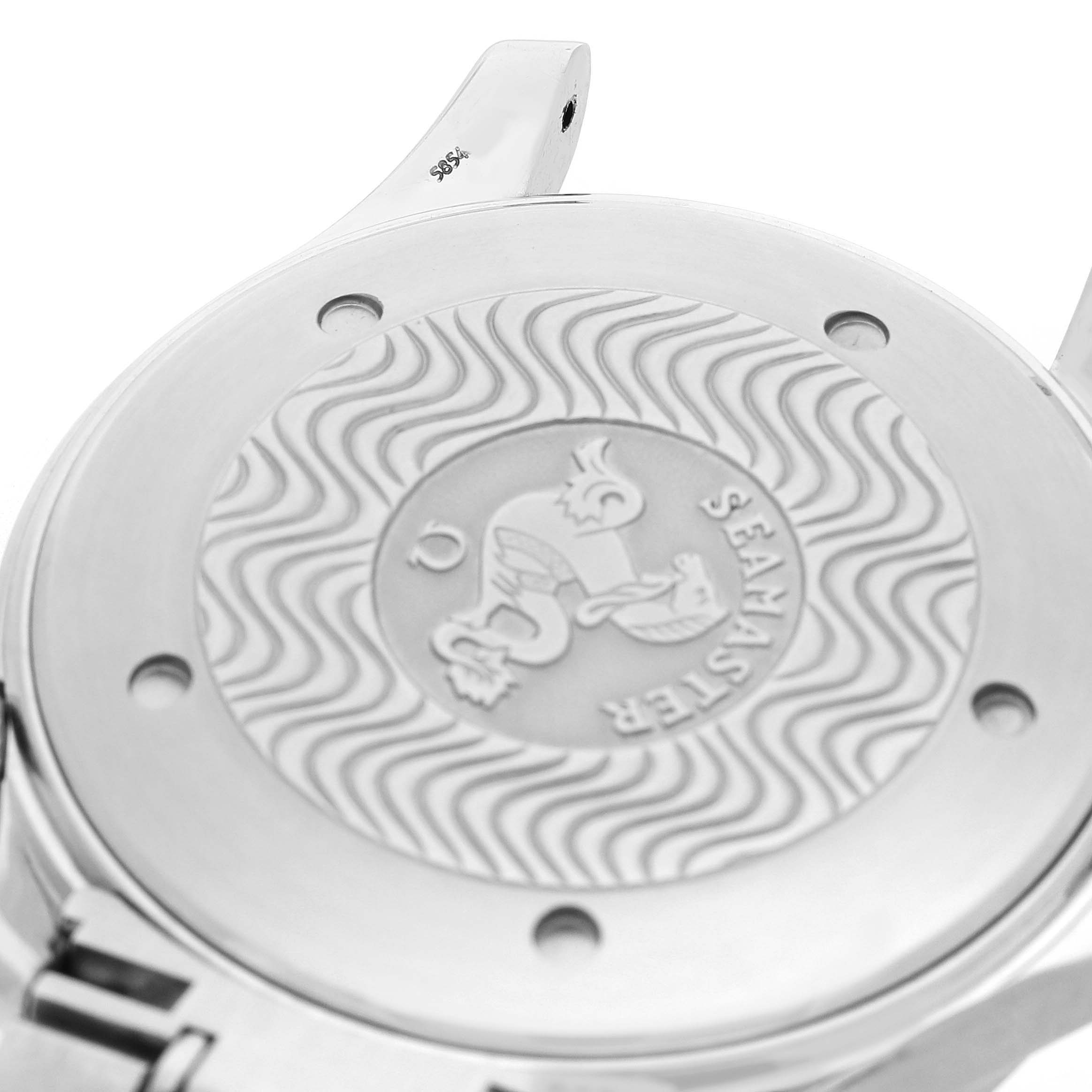 The image shows the back case of an Omega Seamaster 2264.50.00 Men's Stainless Steel Black Dial watch, highlighting the engraved design and branding.