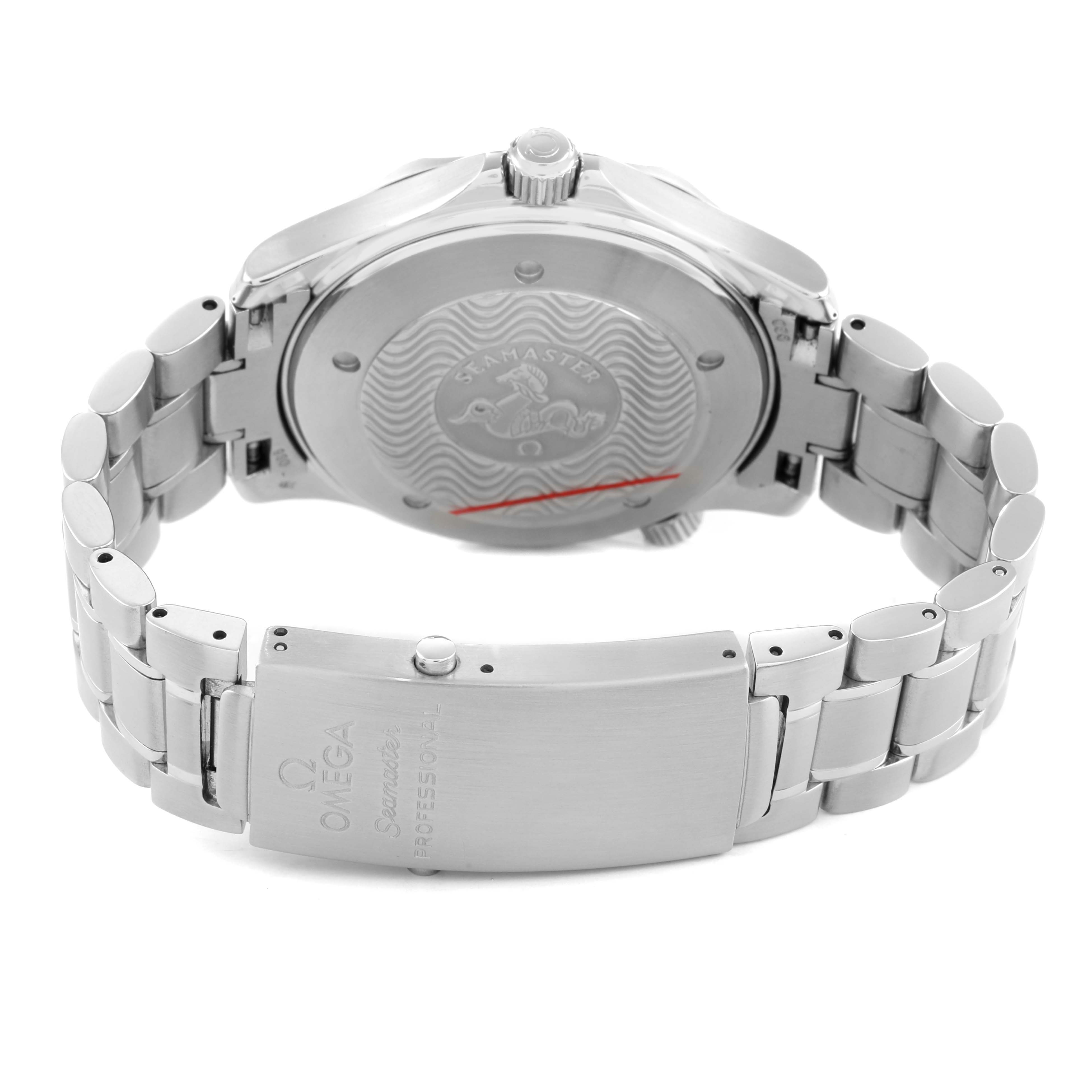 The image shows the back and bracelet of an Omega Seamaster 2264.50.00 Men's Stainless Steel Black Dial watch, highlighting its clasp and engraved case back.