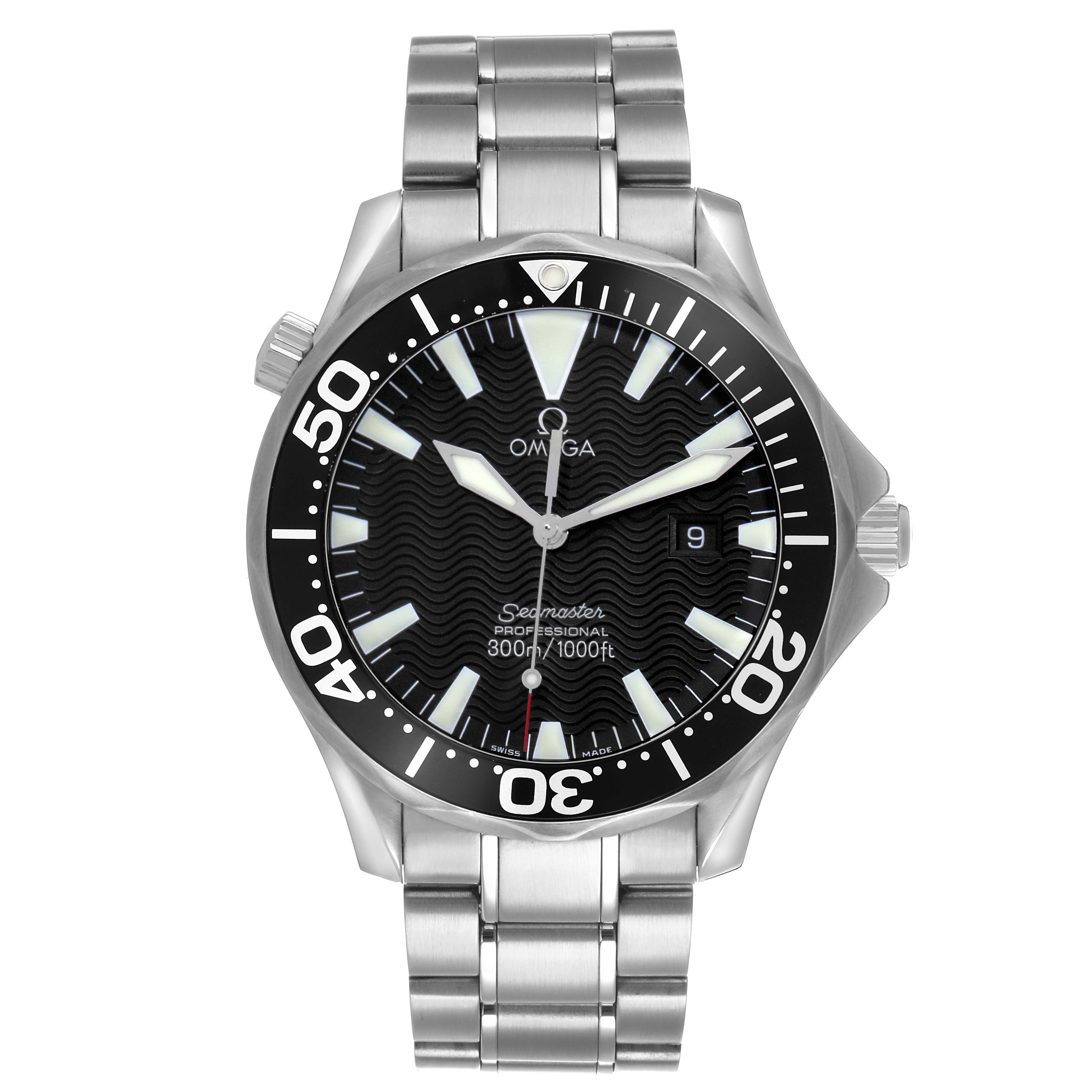 The Omega Seamaster 2264.50.00 Men's Stainless Steel Black Dial is shown from the front, highlighting the dial, bezel, and stainless steel bracelet.