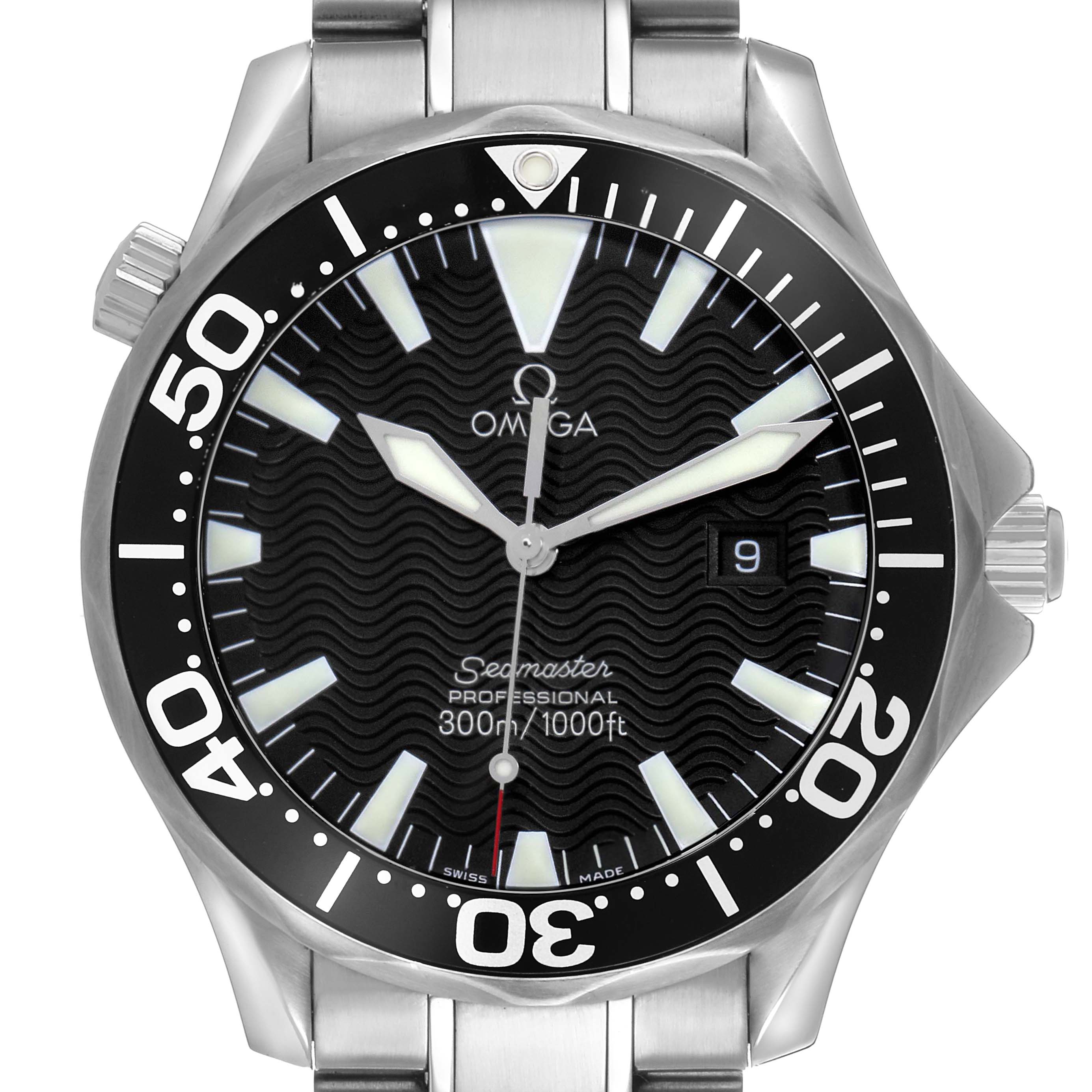 The Omega Seamaster 2264.50.00 Men's Stainless Steel Black Dial watch is shown from the front, highlighting its black dial, bezel, and stainless steel bracelet.