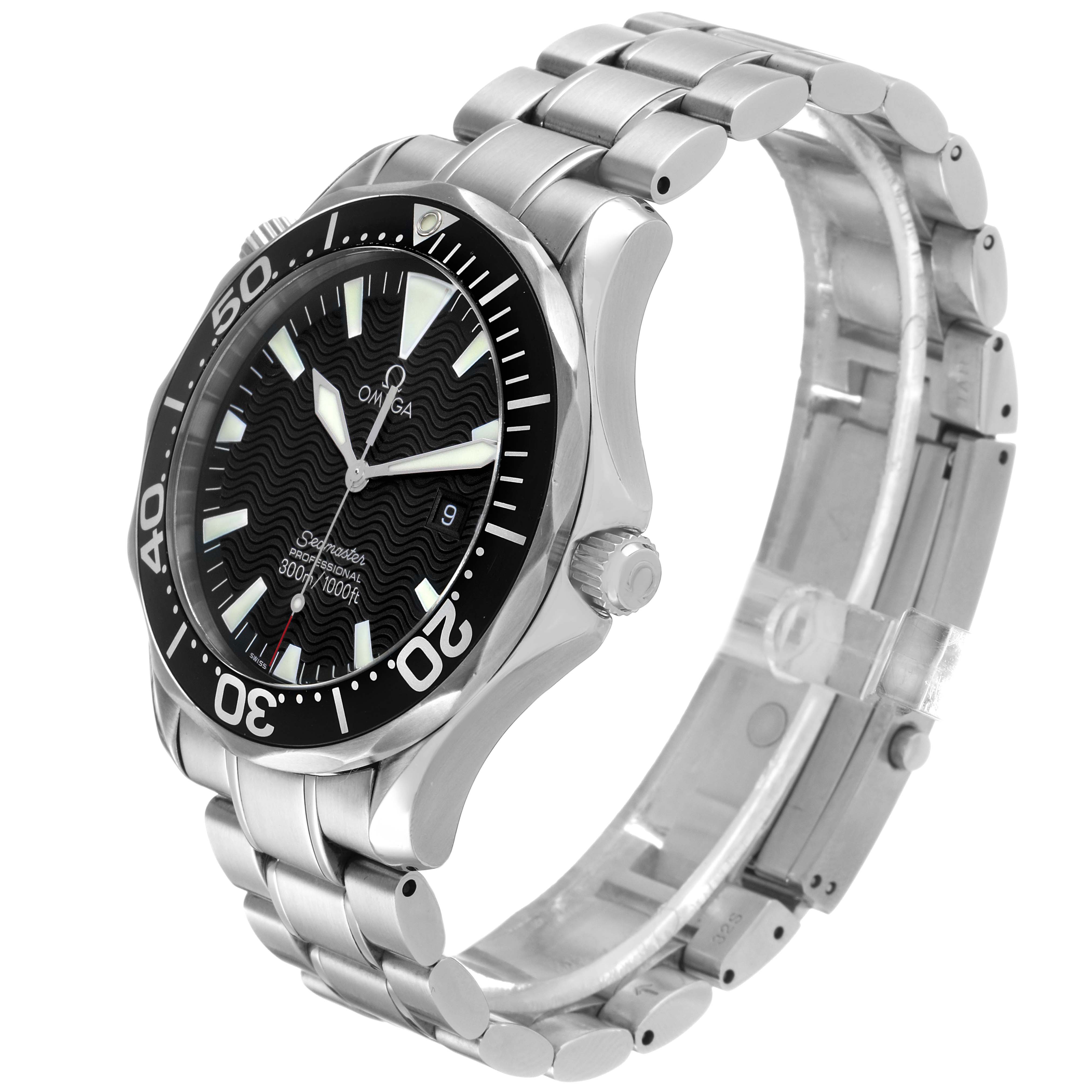 The Omega Seamaster 2264.50.00 Men's Stainless Steel Black Dial watch is shown at an angle highlighting its face, bezel, crown, and bracelet links.