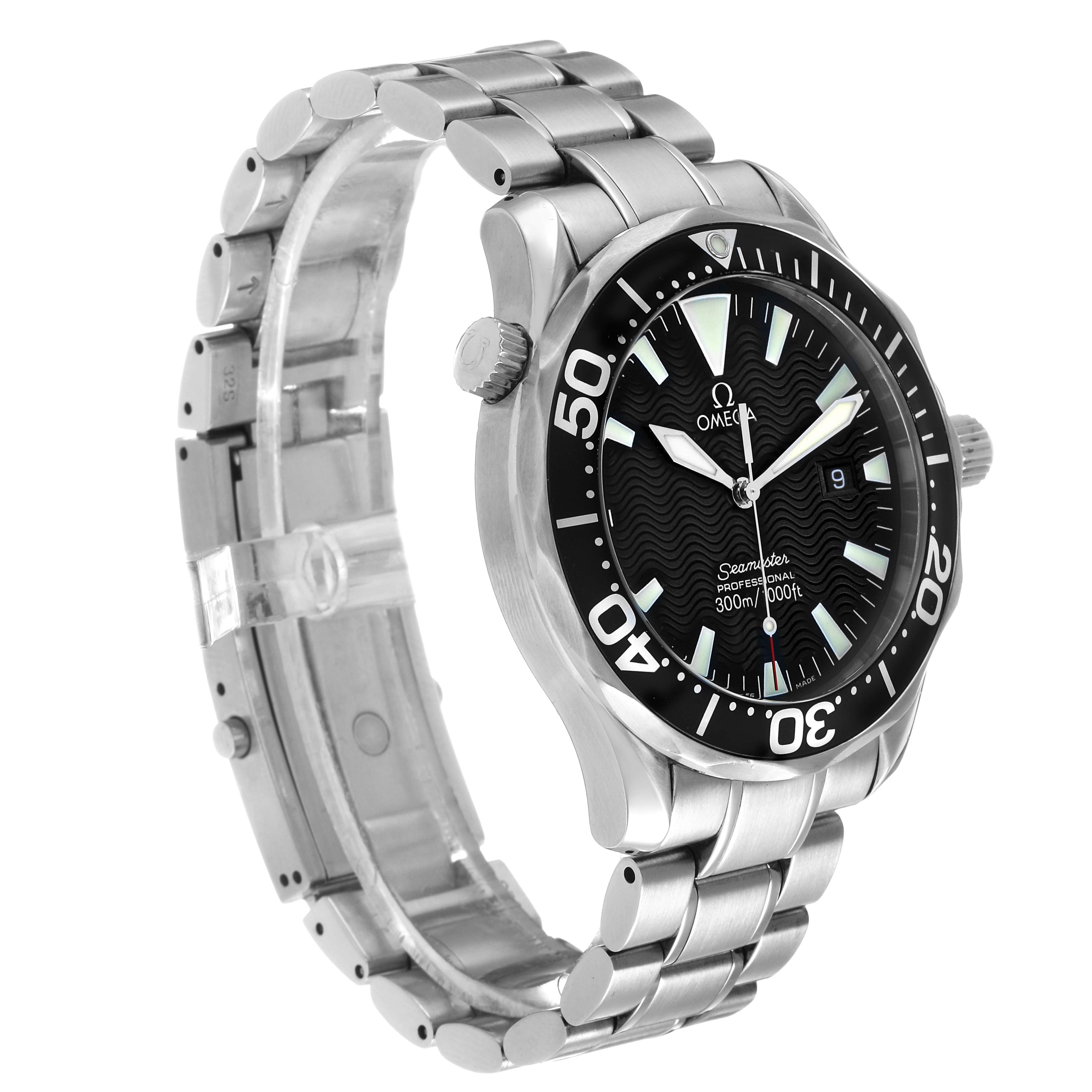 The Omega Seamaster 2264.50.00 Men's Stainless Steel Black Dial watch is shown from a side angle, highlighting the dial, bezel, crown, and stainless steel bracelet.