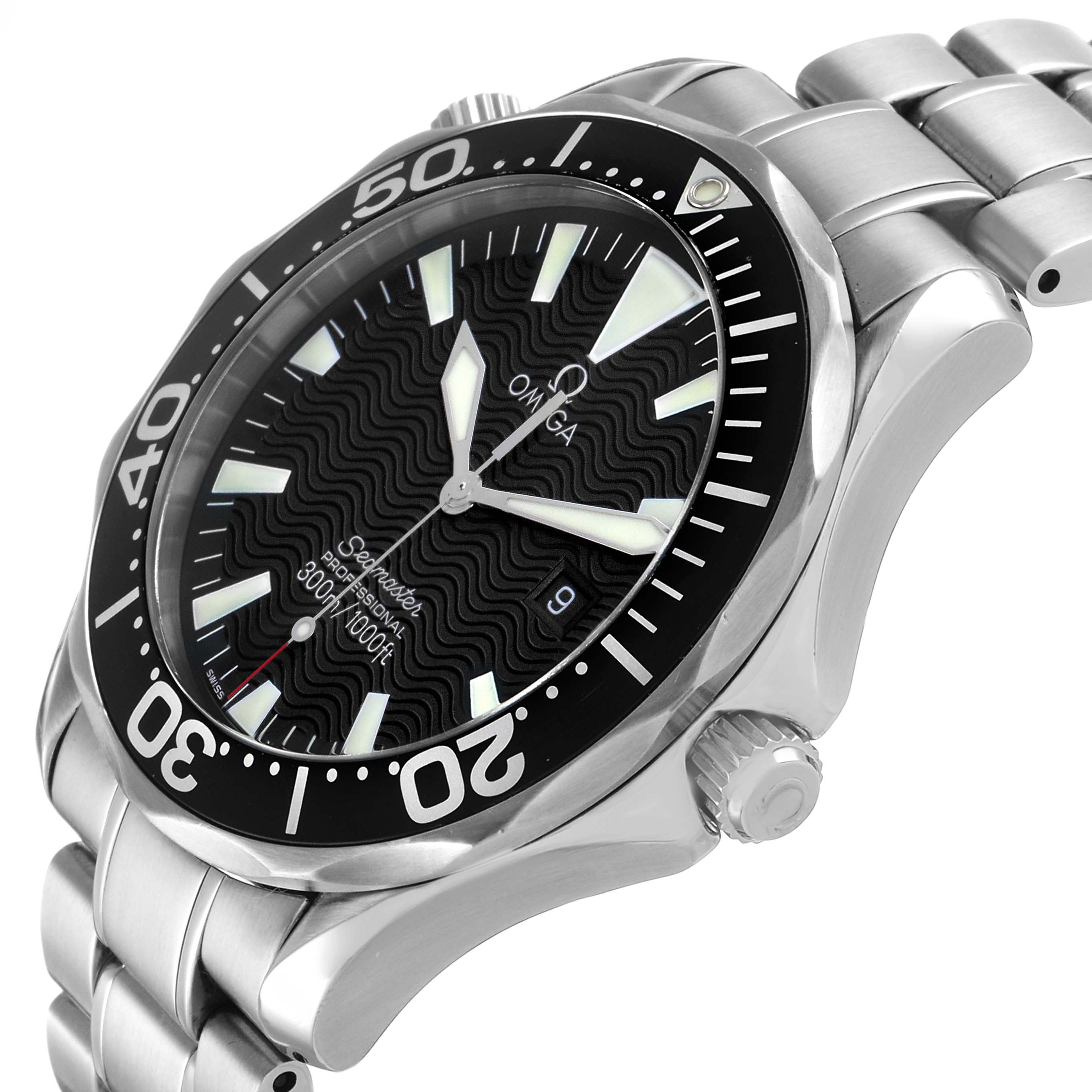 The Omega Seamaster 2264.50.00 Men's Stainless Steel Black Dial watch is shown at an angled close-up, highlighting the bezel, dial, and part of the bracelet.