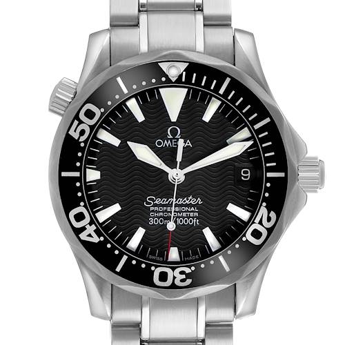 The image shows a front view of the Omega Seamaster 2252.50.00 Men's Stainless Steel Black Dial watch, highlighting the dial, bezel, and stainless steel bracelet.