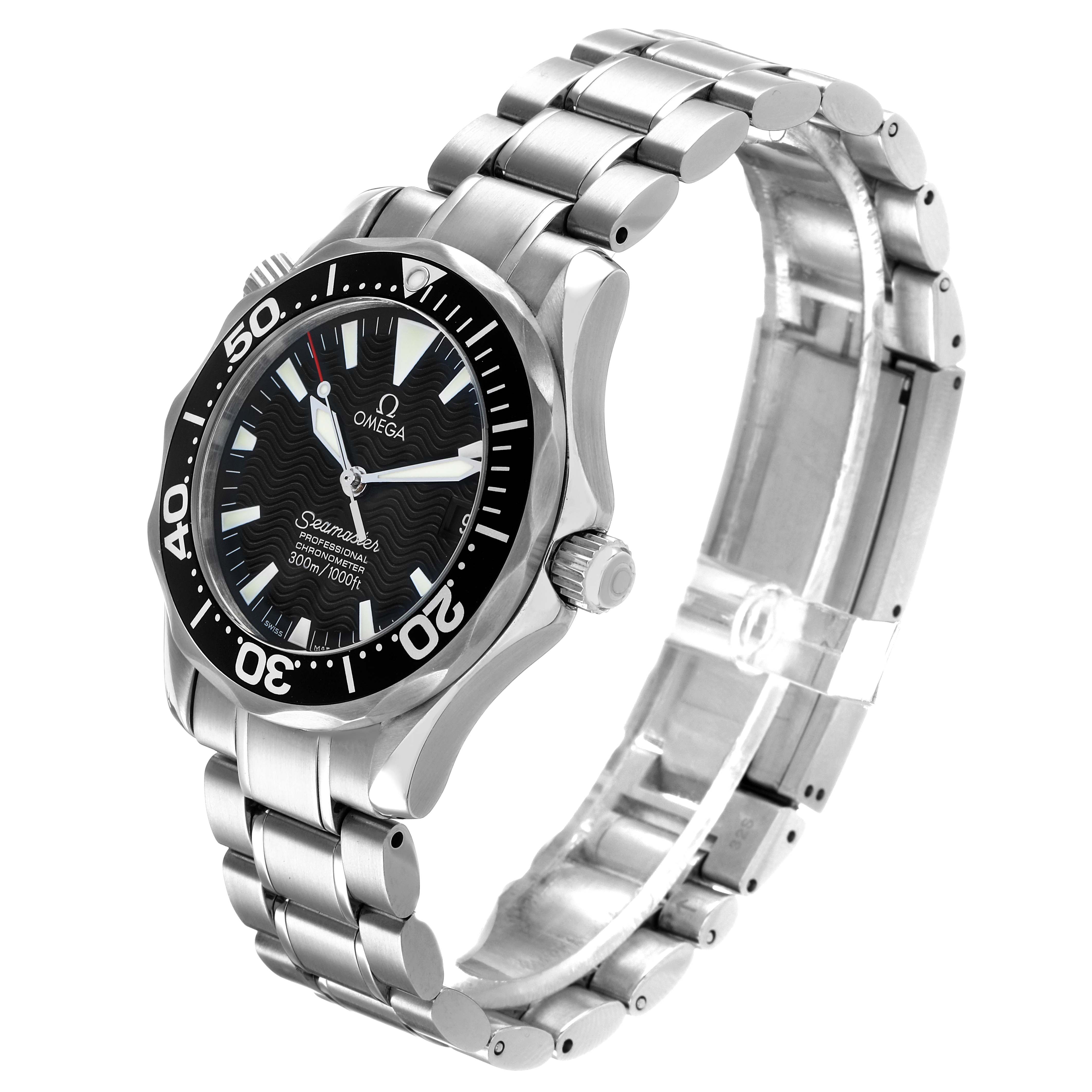 The Omega Seamaster 2252.50.00 Men's Stainless Steel Black Dial watch is shown at a three-quarter angle, displaying the face, bezel, crown, and bracelet.