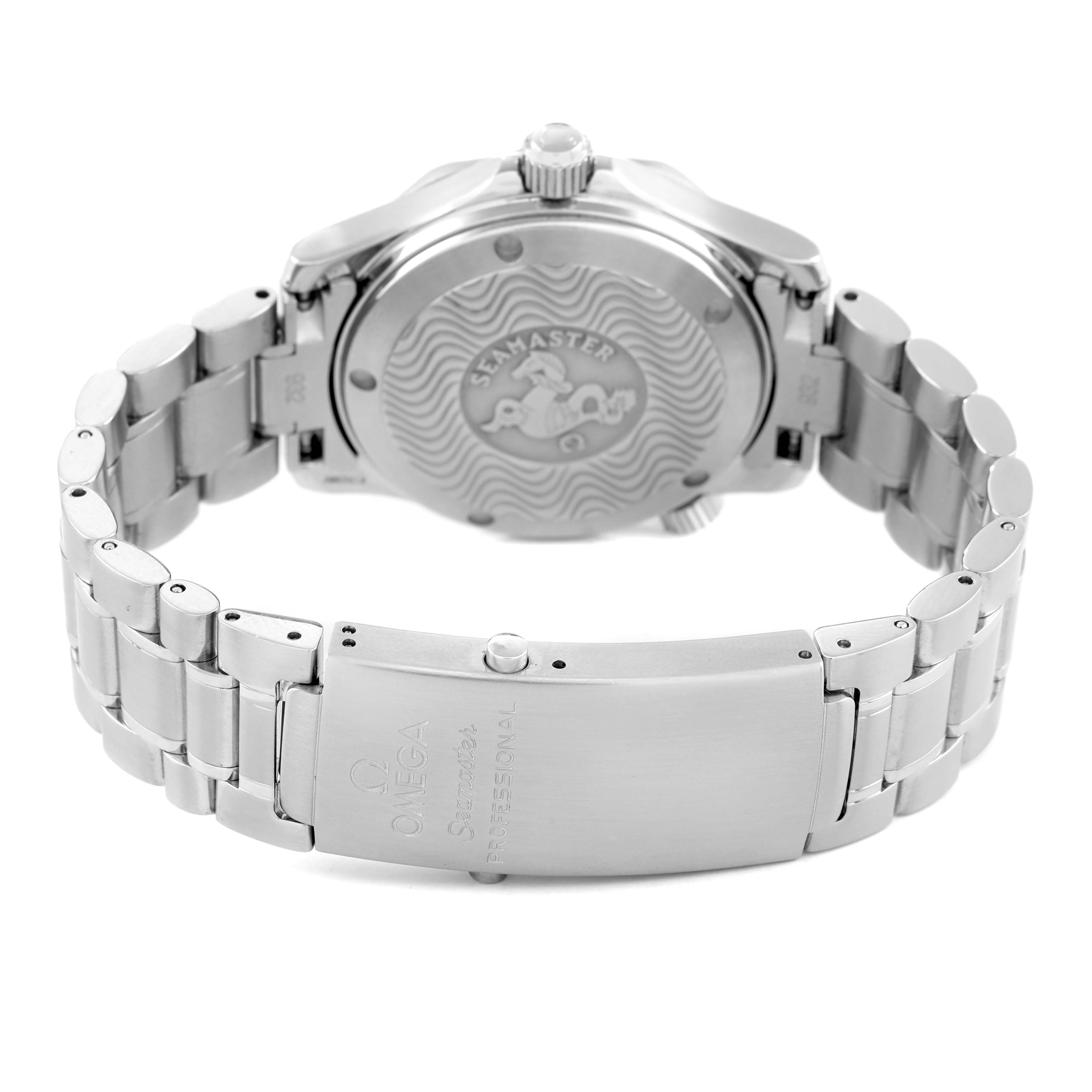 The image shows the back and clasp of an Omega Seamaster 2252.50.00 Men's Stainless Steel Black Dial watch, highlighting the bracelet and engraved case back.