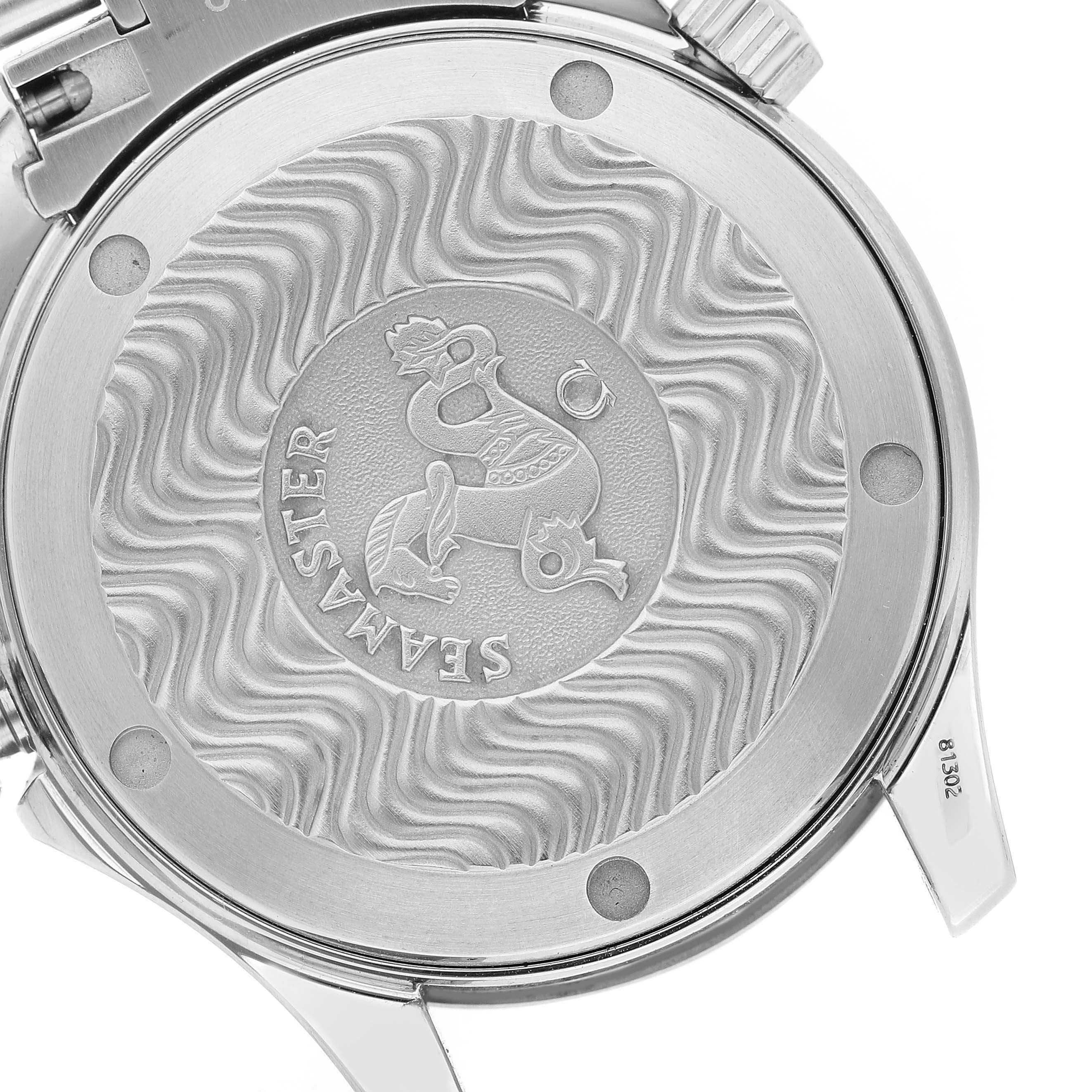 The image shows the decorated case back of an Omega Seamaster 2252.50.00 Men's Stainless Steel Black Dial watch, featuring the Seamaster logo.