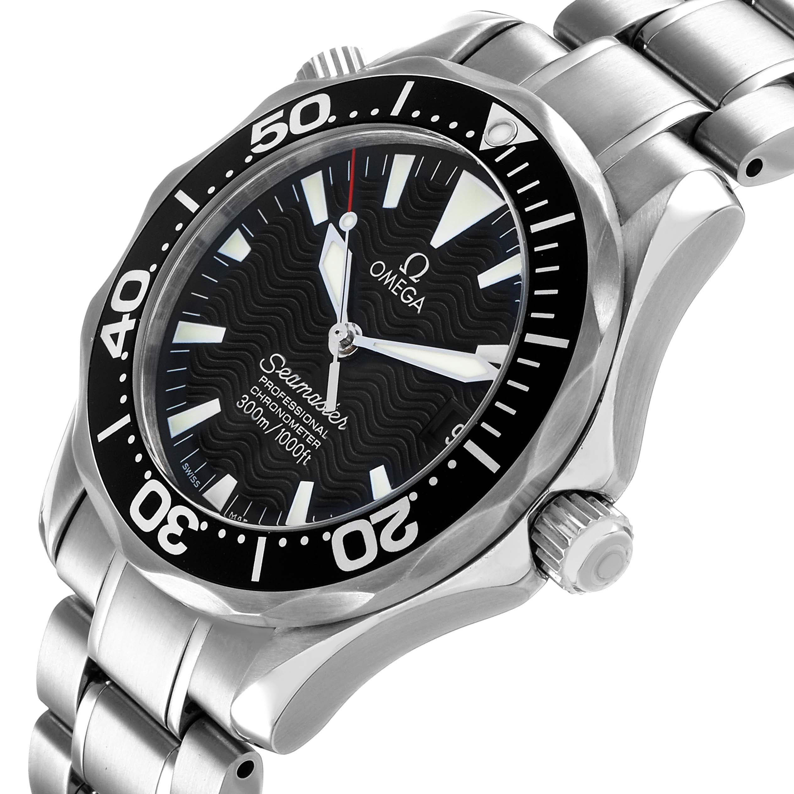 The Omega Seamaster 2252.50.00 Men's Stainless Steel Black Dial watch is shown at an angled view, highlighting the dial, bezel, crown, and part of the bracelet.