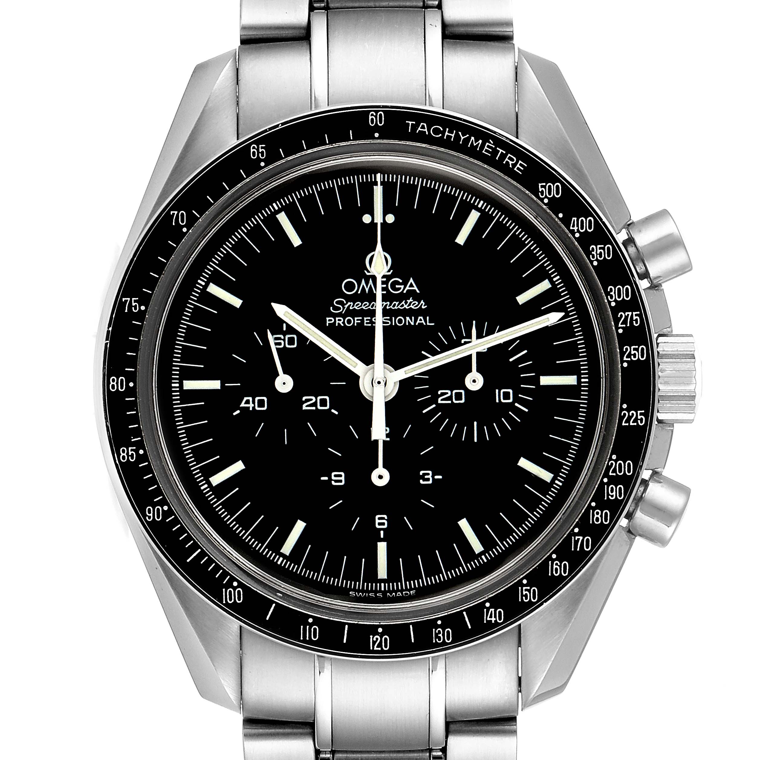 The image shows a front view of the Omega Speedmaster 3574.51.00 Men
s Stainless Steel Black Dial 3574.51.00 Men
s Stainless Steel Black Dial watch, displaying its dial, tachymeter, and stainless steel bracelet.