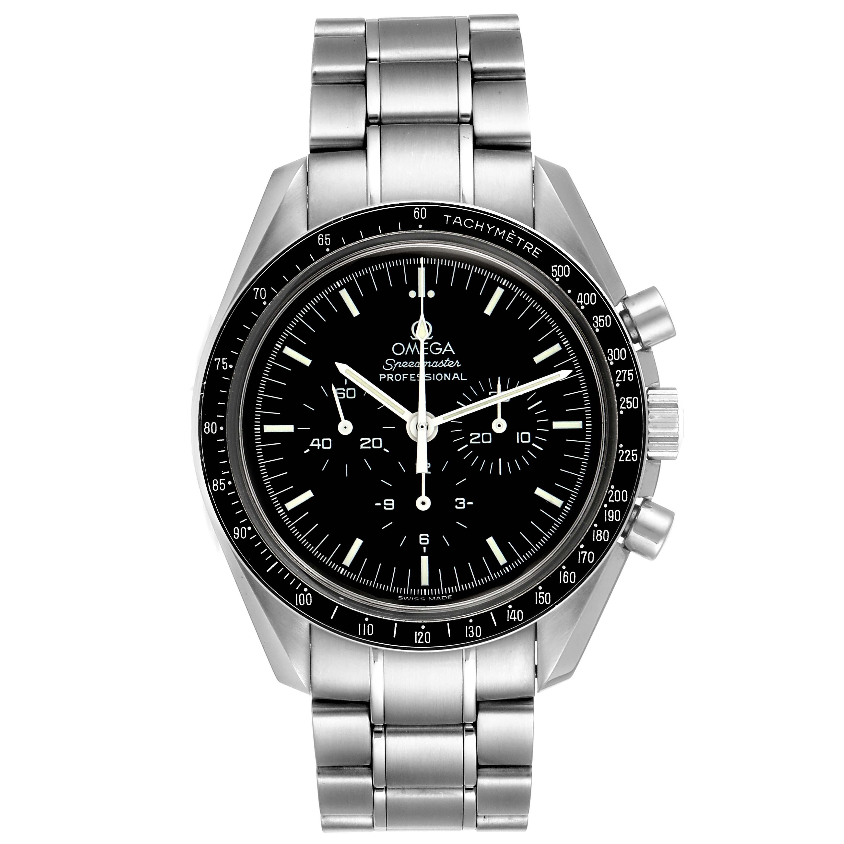 The image shows a frontal view of the Omega Speedmaster 3574.51.00 Men
s Stainless Steel Black Dial 3574.51.00 Men
s Stainless Steel Black Dial watch, highlighting the dial, bezel, and stainless steel bracelet.