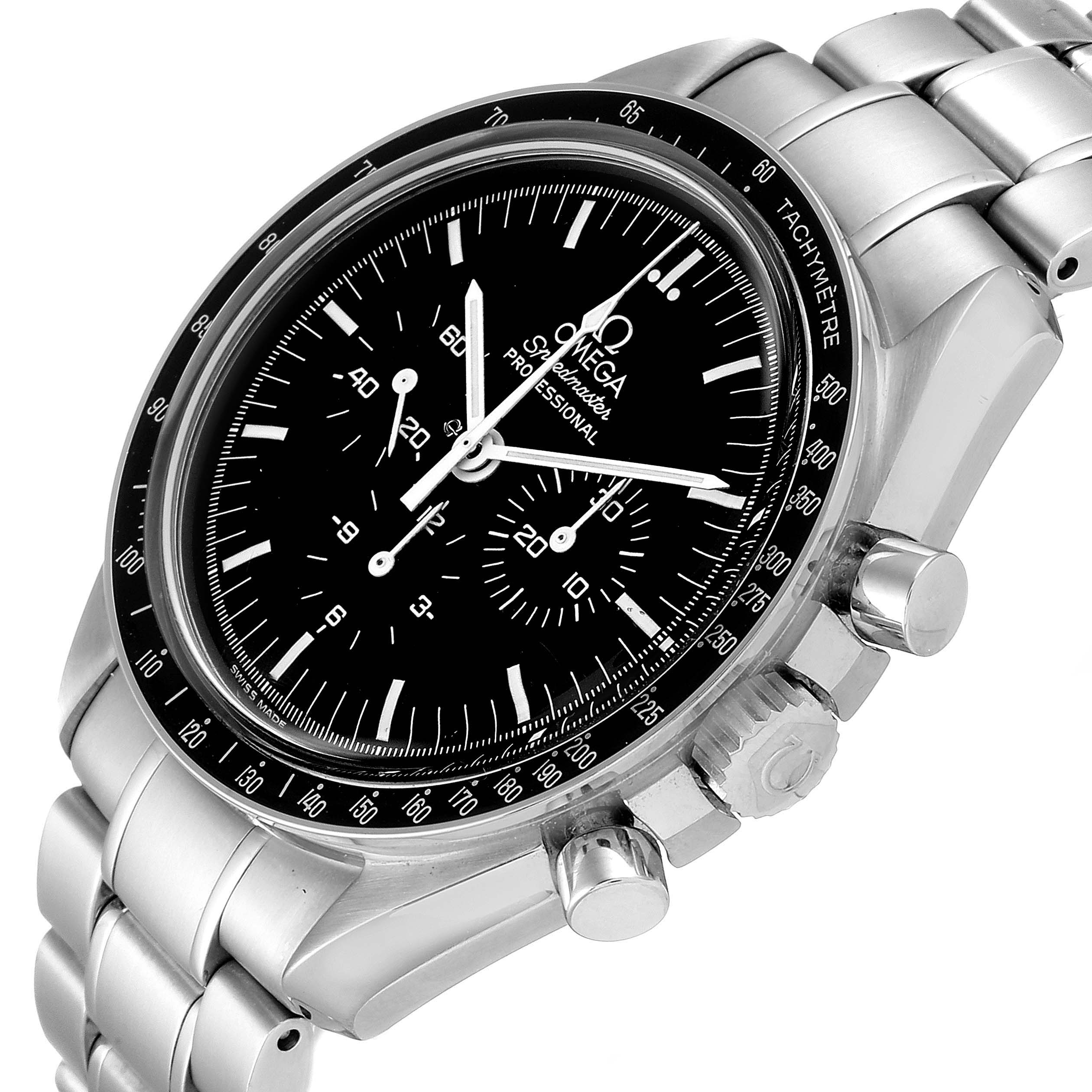 The image shows a close-up of the dial, bezel, and pushers of an Omega Speedmaster 3574.51.00 Men
s Stainless Steel Black Dial 3574.51.00 Men
s Stainless Steel Black Dial watch, angled from the front-right side.