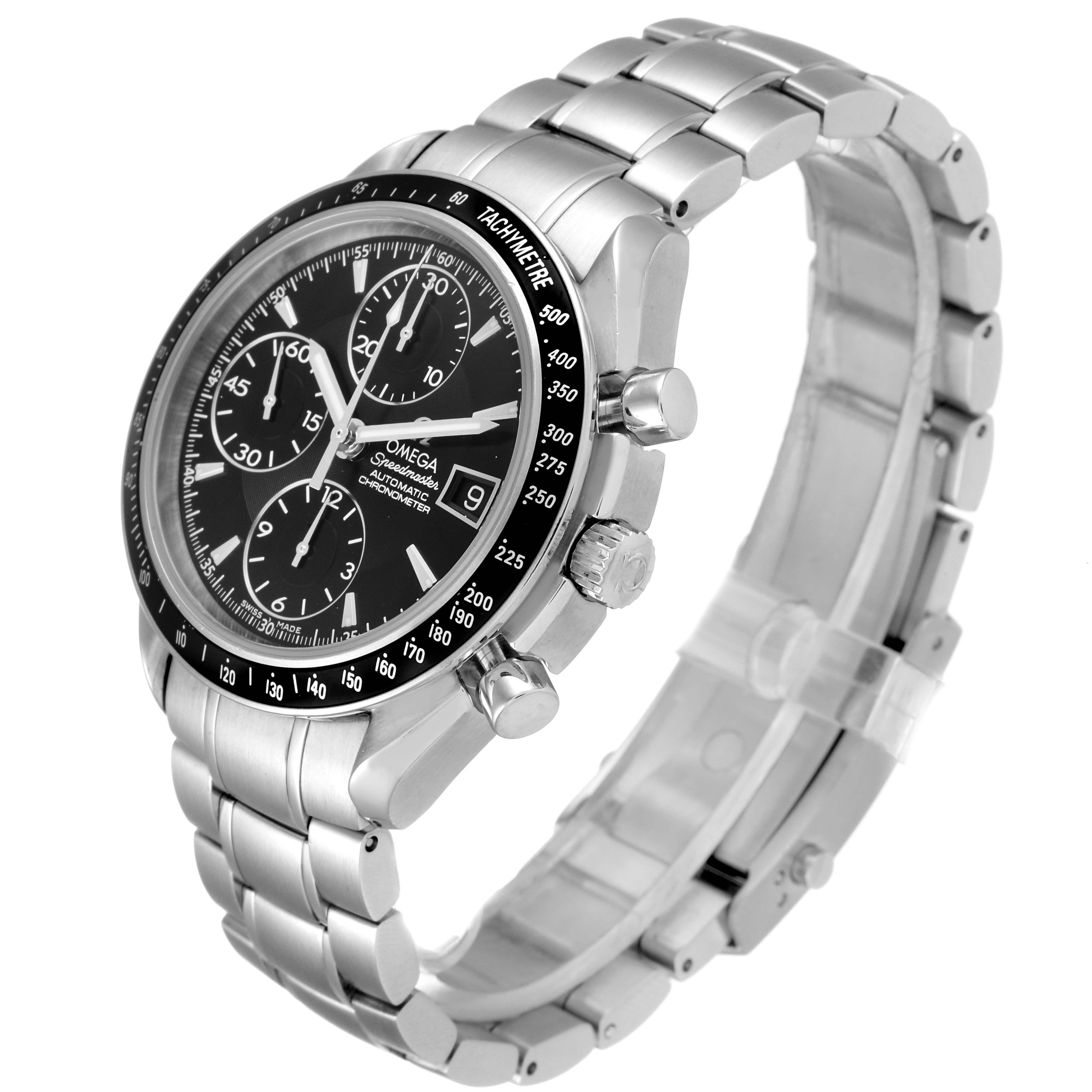 The image shows an Omega Speedmaster 3210.50.00 Men
s Stainless Steel Black Dial 3210.50.00 Men
s Stainless Steel Black Dial watch angled to display the face, chronograph subdials, bezel, crown, and metal bracelet.
