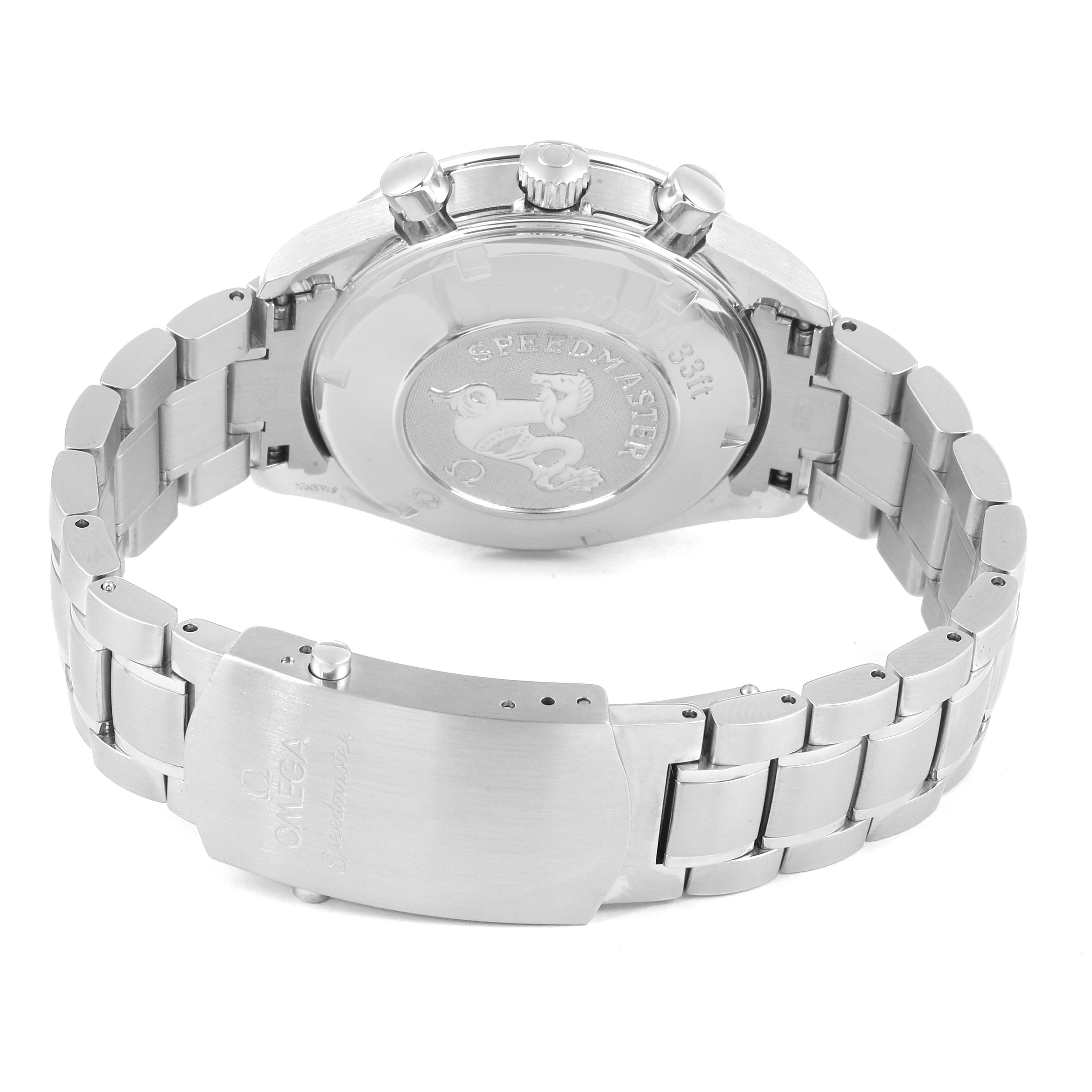 This image shows the back and clasp of an Omega Speedmaster 3210.50.00 Men
s Stainless Steel Black Dial 3210.50.00 Men
s Stainless Steel Black Dial watch from a rear angle.