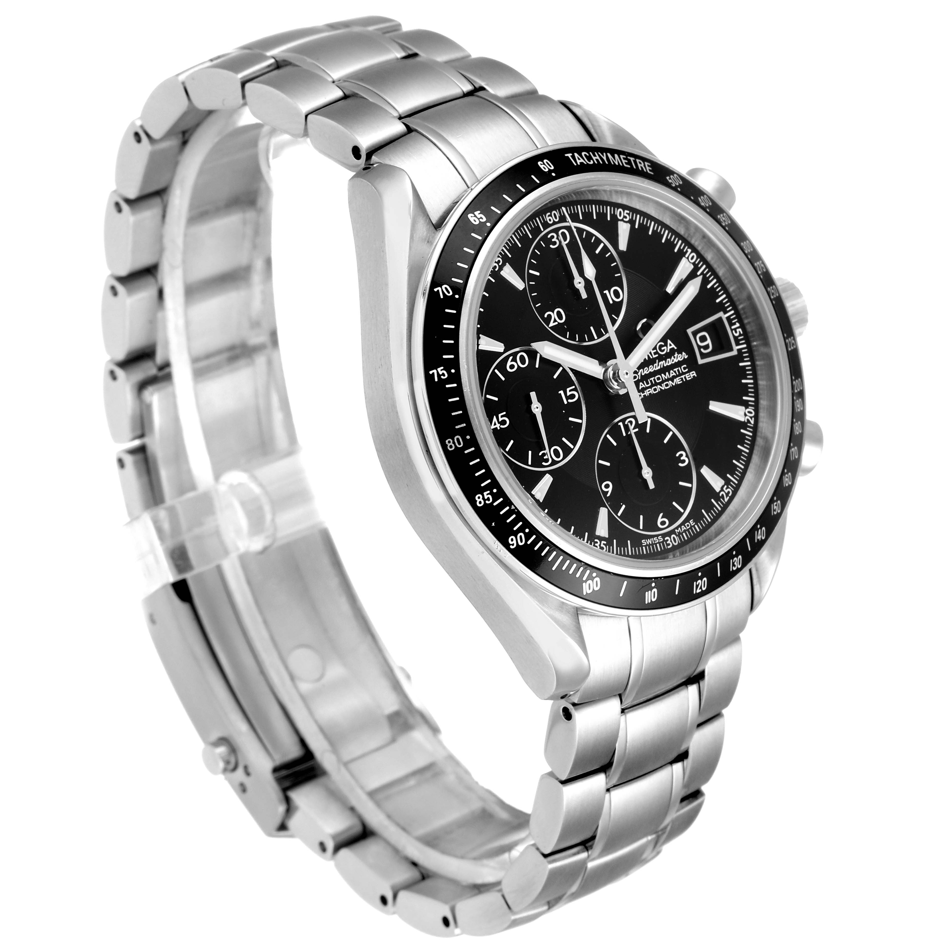 This image shows an Omega Speedmaster 3210.50.00 Men
s Stainless Steel Black Dial 3210.50.00 Men
s Stainless Steel Black Dial watch at a slight angle, highlighting its dial, bezel, chronograph features, and metal bracelet.
