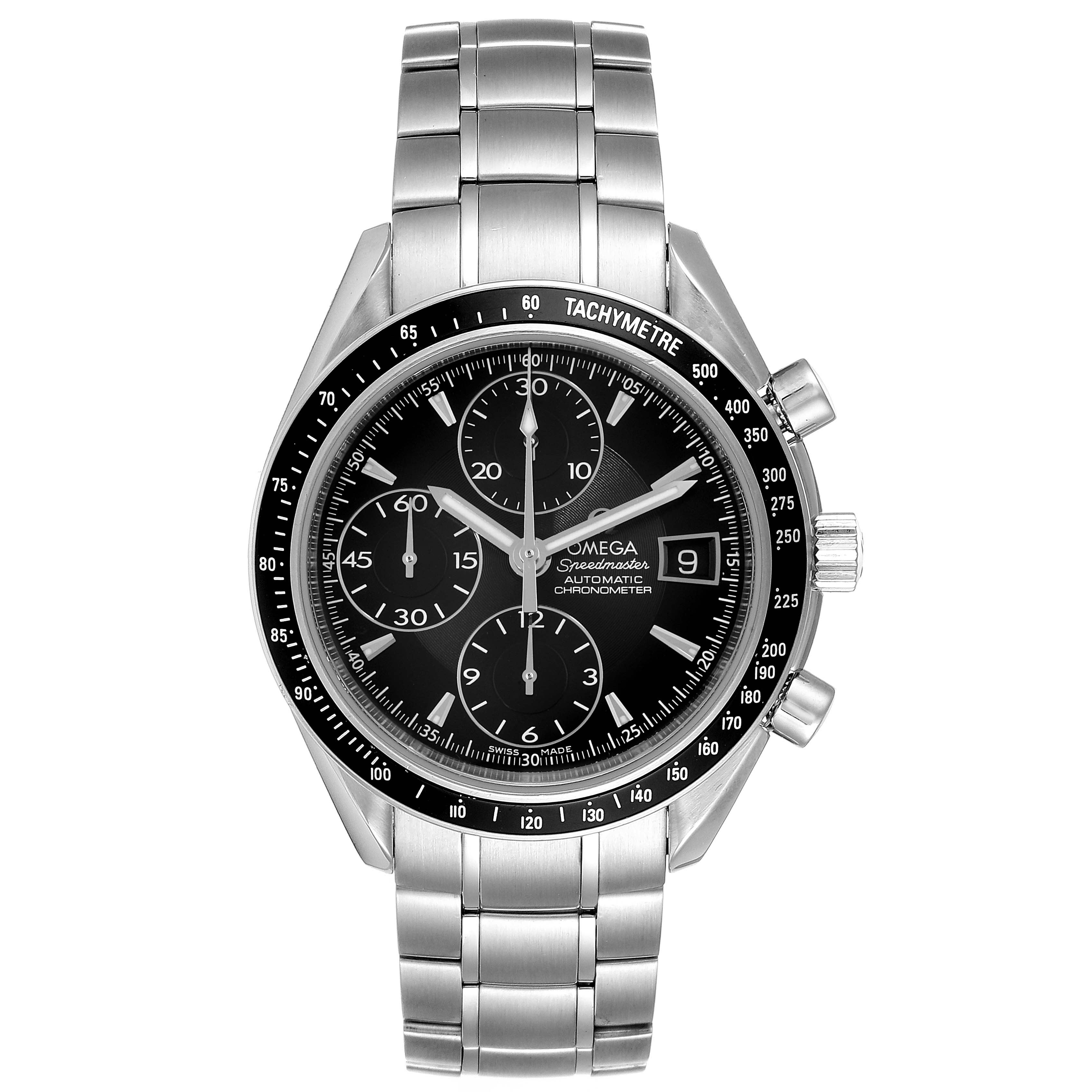 The image shows a frontal view of an Omega Speedmaster 3210.50.00 Men
s Stainless Steel Black Dial 3210.50.00 Men
s Stainless Steel Black Dial watch, displaying its dial, tachymeter bezel, and metal bracelet.