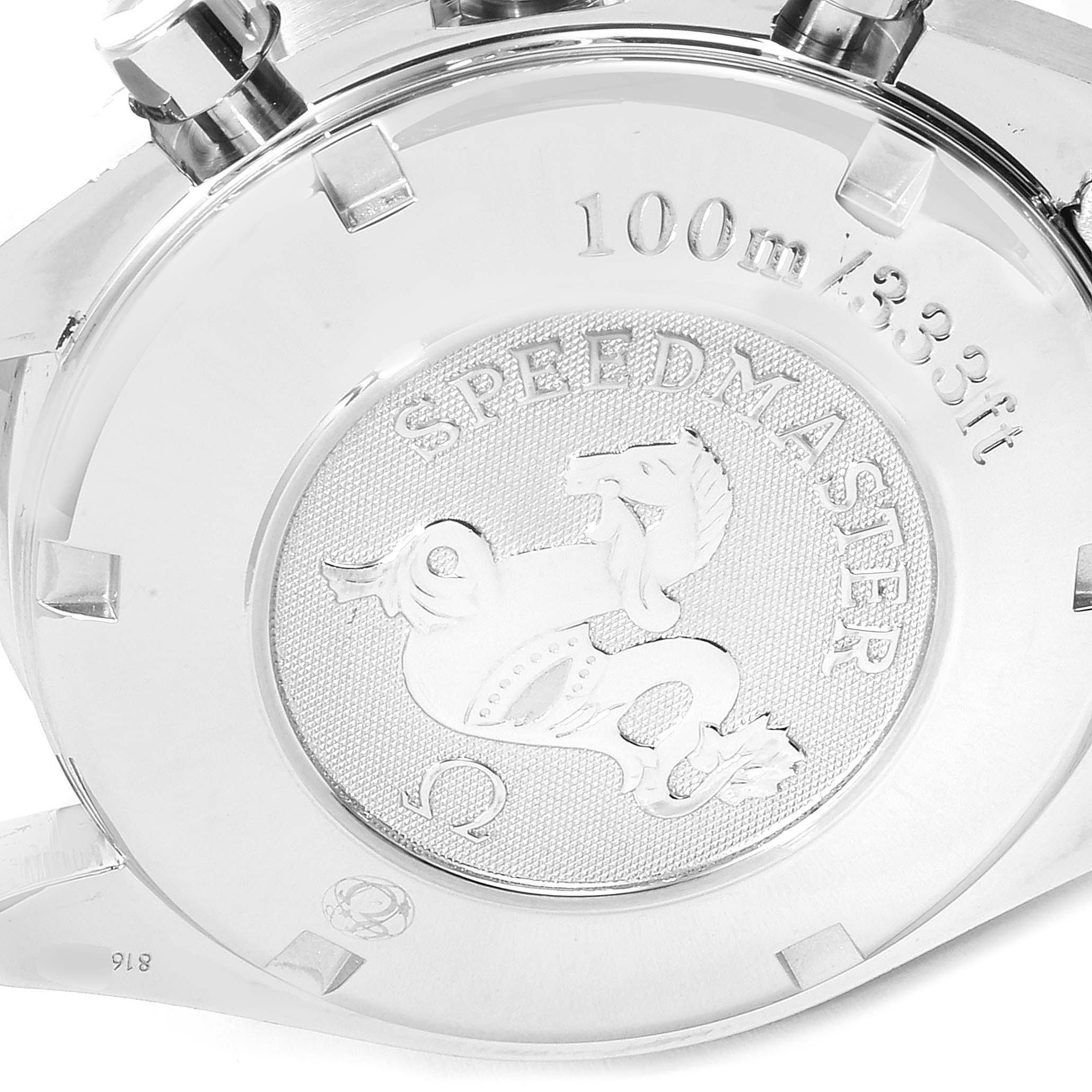 This image shows the back case of an Omega Speedmaster 3210.50.00 Men
s Stainless Steel Black Dial 3210.50.00 Men
s Stainless Steel Black Dial watch, highlighting the engraved logo and water resistance detail.