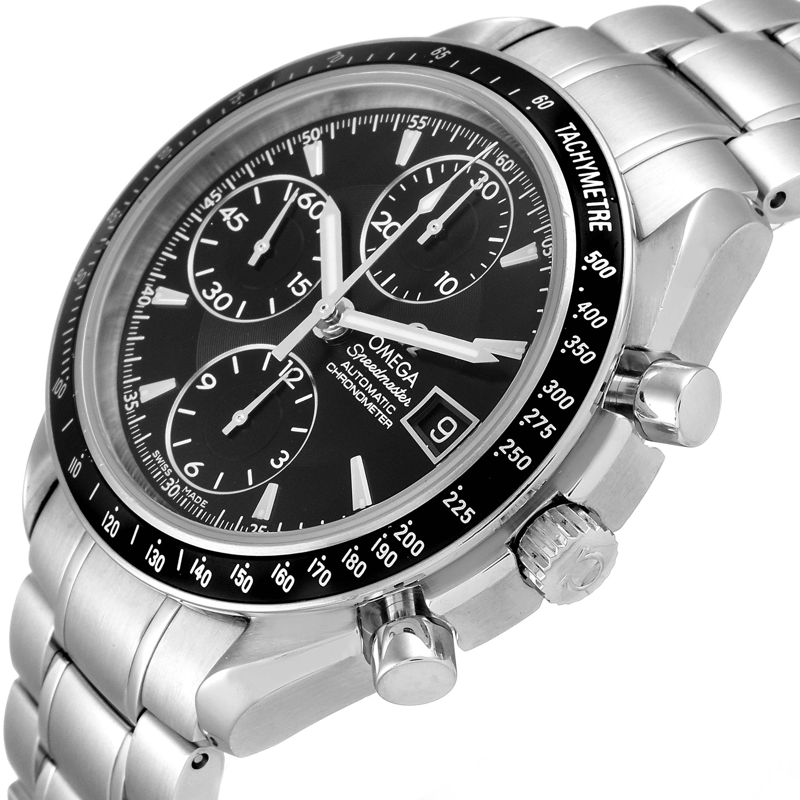 The angled view of the Omega Speedmaster 3210.50.00 Men
s Stainless Steel Black Dial 3210.50.00 Men
s Stainless Steel Black Dial watch shows its black dial, chronograph subdials, tachymeter bezel, and stainless steel bracelet.
