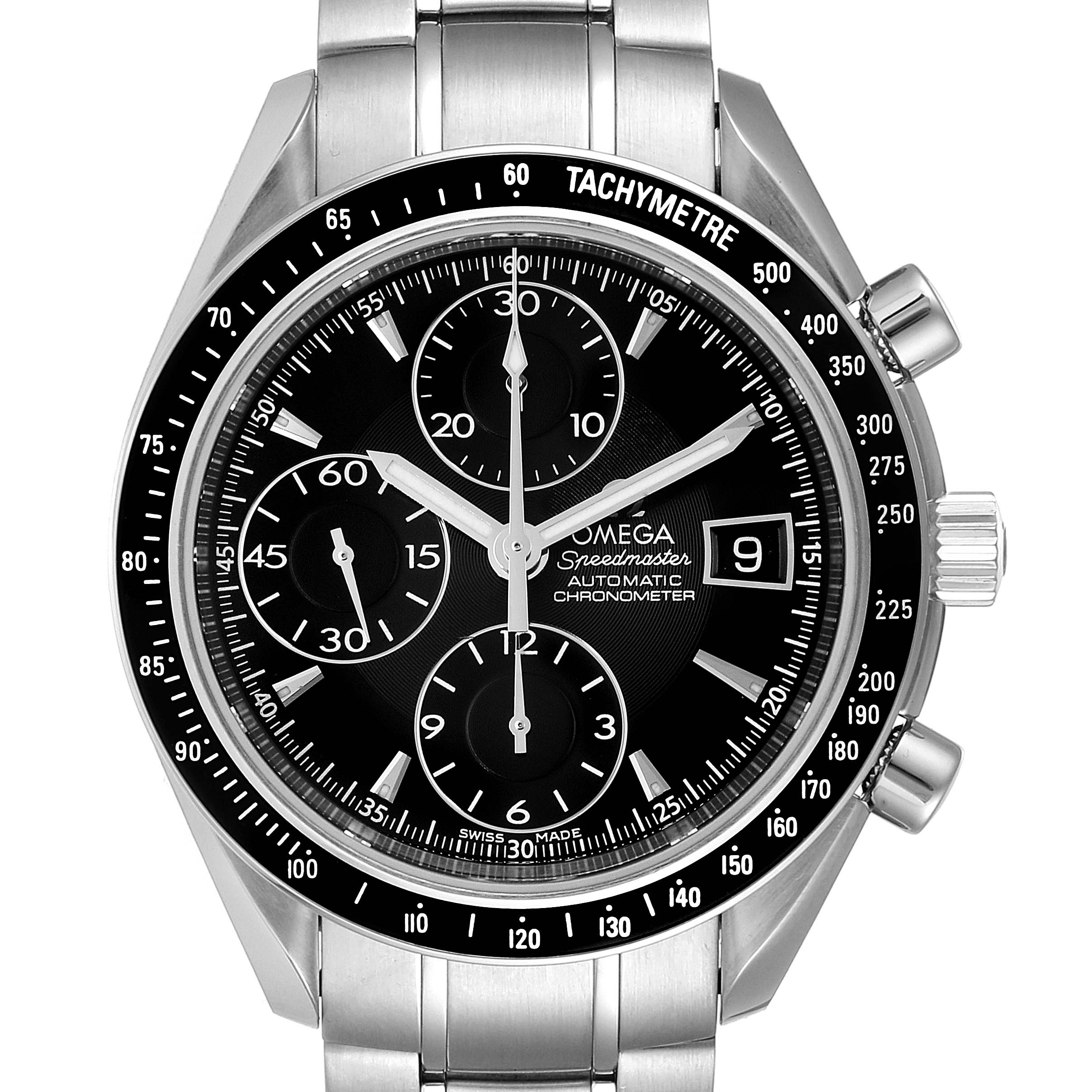 This image shows a front-view angle of an Omega Speedmaster 3210.50.00 Men
s Stainless Steel Black Dial 3210.50.00 Men
s Stainless Steel Black Dial watch, highlighting its black dial, chronograph subdials, and date window.