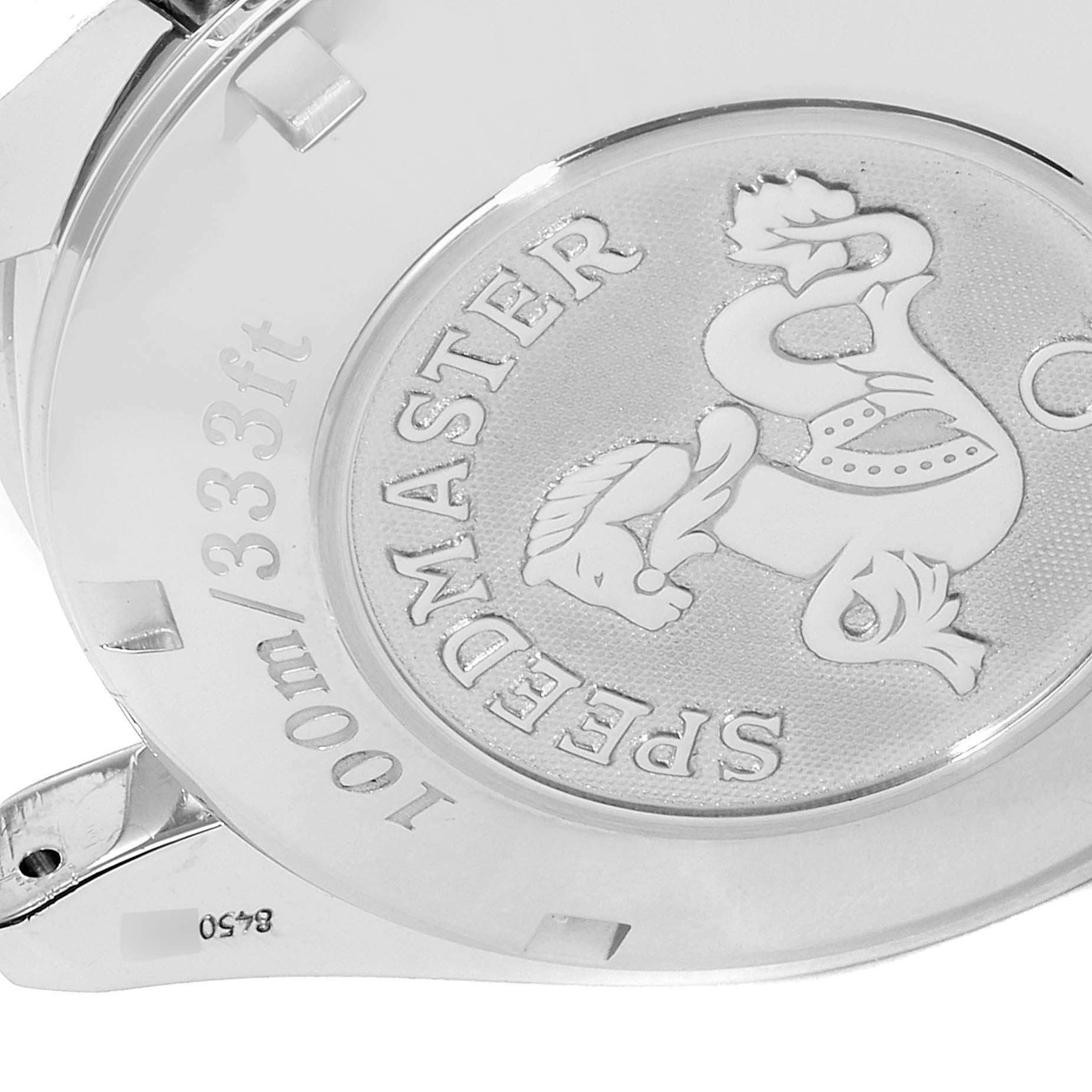 This image shows the case back of an Omega Speedmaster 3210.50.00 Men
s Stainless Steel Black Dial 3210.50.00 Men
s Stainless Steel Black Dial watch, highlighting its branding and water resistance.