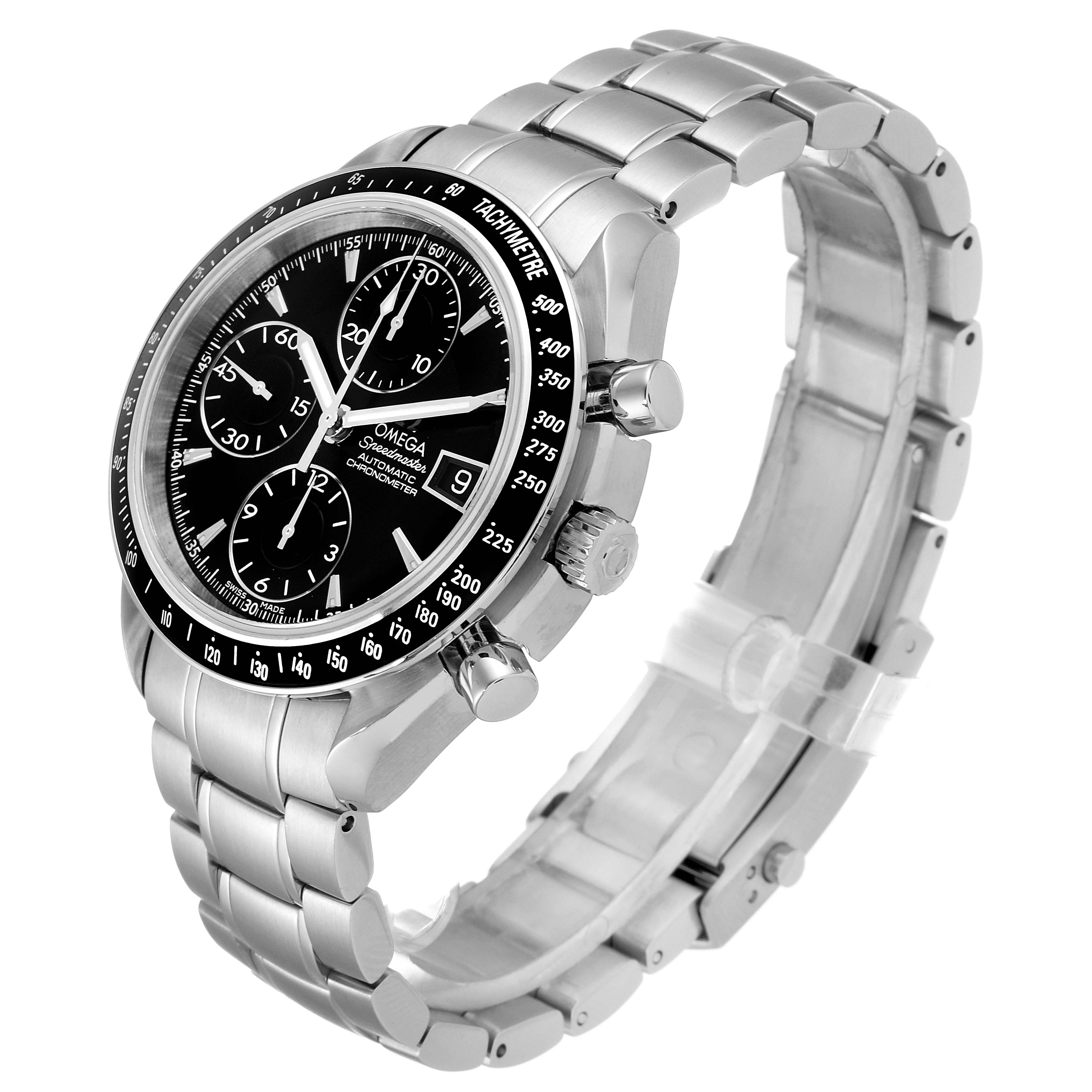 This image shows a side and front angle of an Omega Speedmaster 3210.50.00 Men
s Stainless Steel Black Dial 3210.50.00 Men
s Stainless Steel Black Dial watch, highlighting the bracelet, case, dial, and tachymeter bezel.
