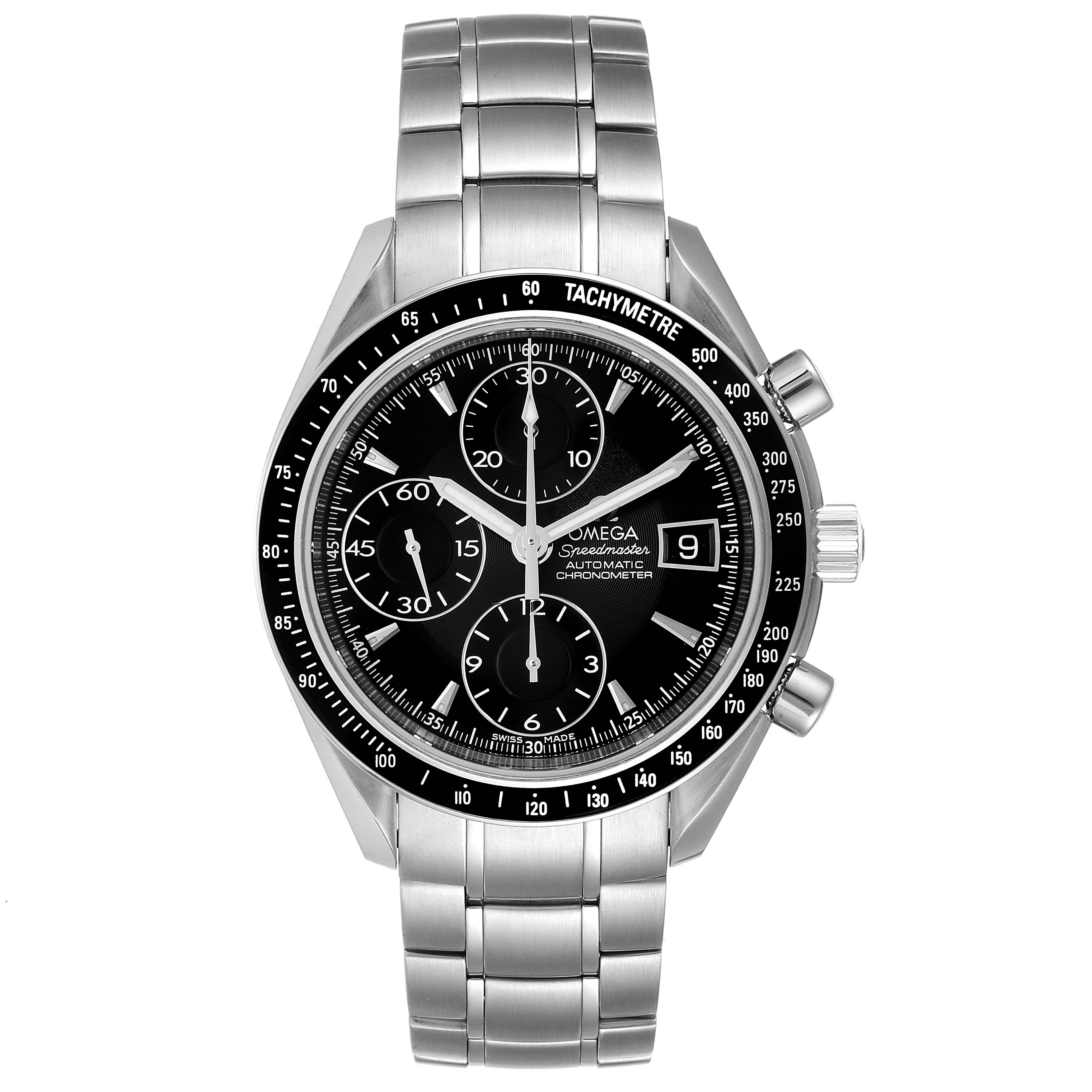 The Omega Speedmaster 3210.50.00 Men
s Stainless Steel Black Dial 3210.50.00 Men
s Stainless Steel Black Dial watch is shown from the front, displaying the dial, tachymeter, and stainless steel bracelet.