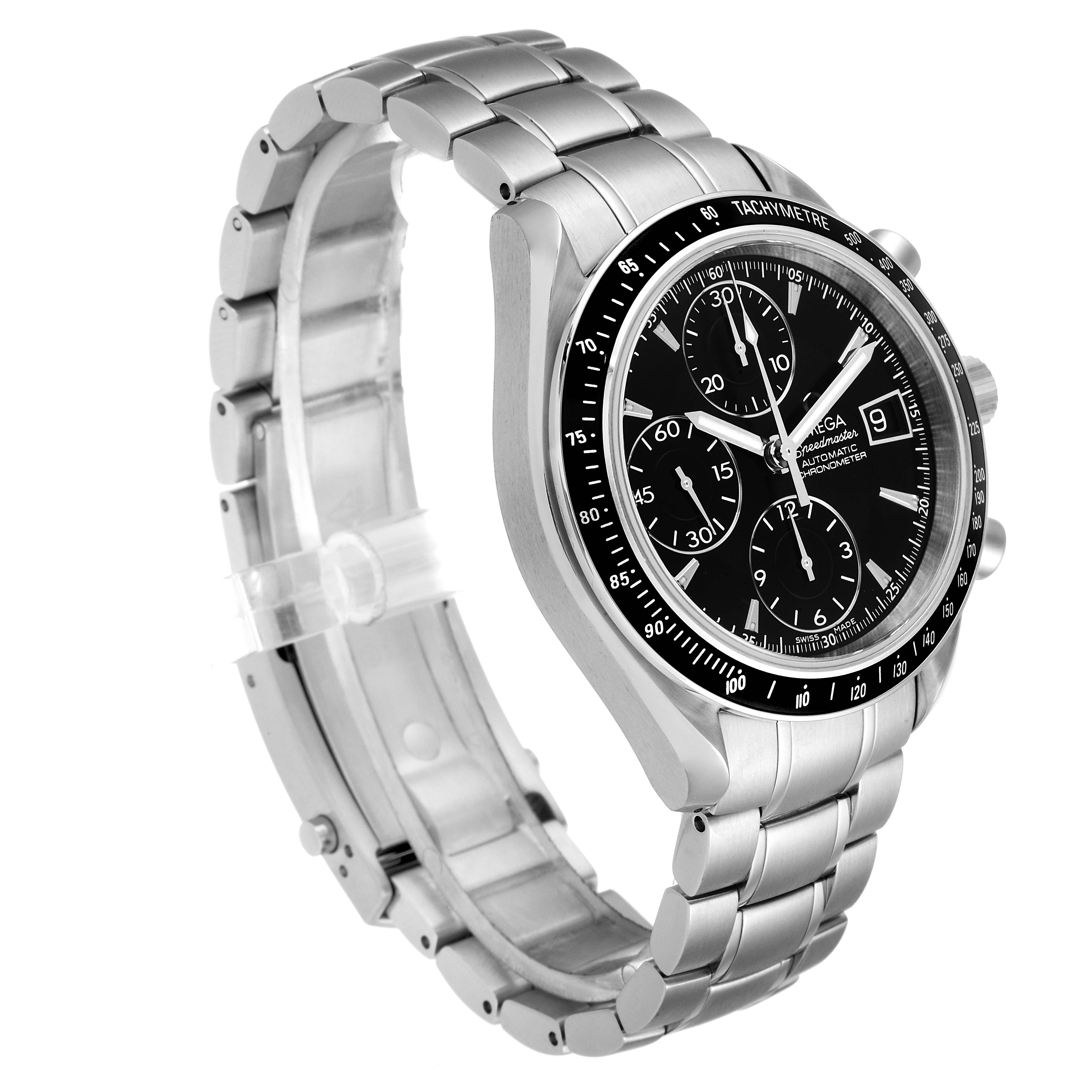 The image shows an Omega Speedmaster 3210.50.00 Men
s Stainless Steel Black Dial 3210.50.00 Men
s Stainless Steel Black Dial watch at a three-quarter angle, displaying the bracelet, case, and dial.