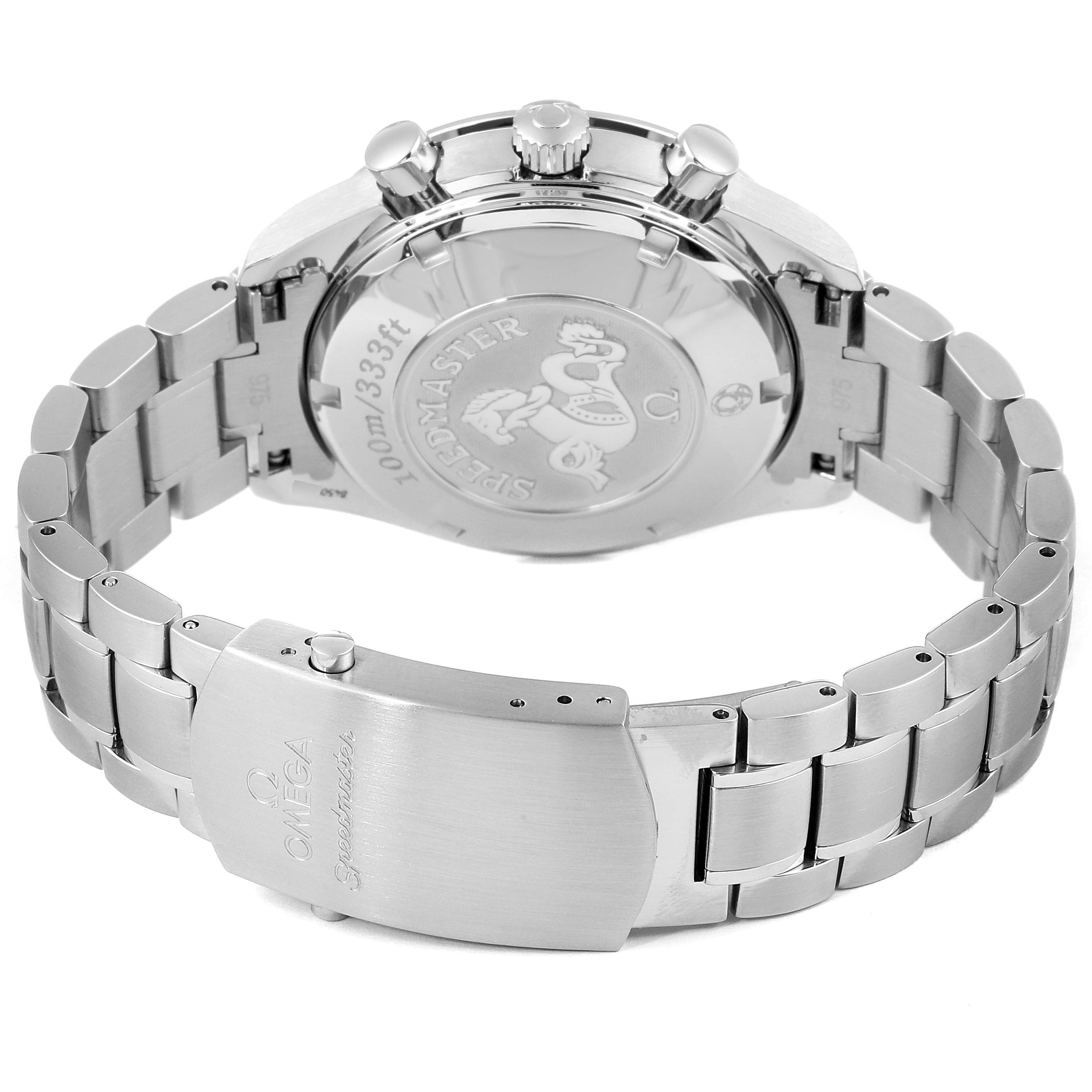 The image shows the back and clasp of an Omega Speedmaster 3210.50.00 Men
s Stainless Steel Black Dial 3210.50.00 Men
s Stainless Steel Black Dial watch from a low-angle view.