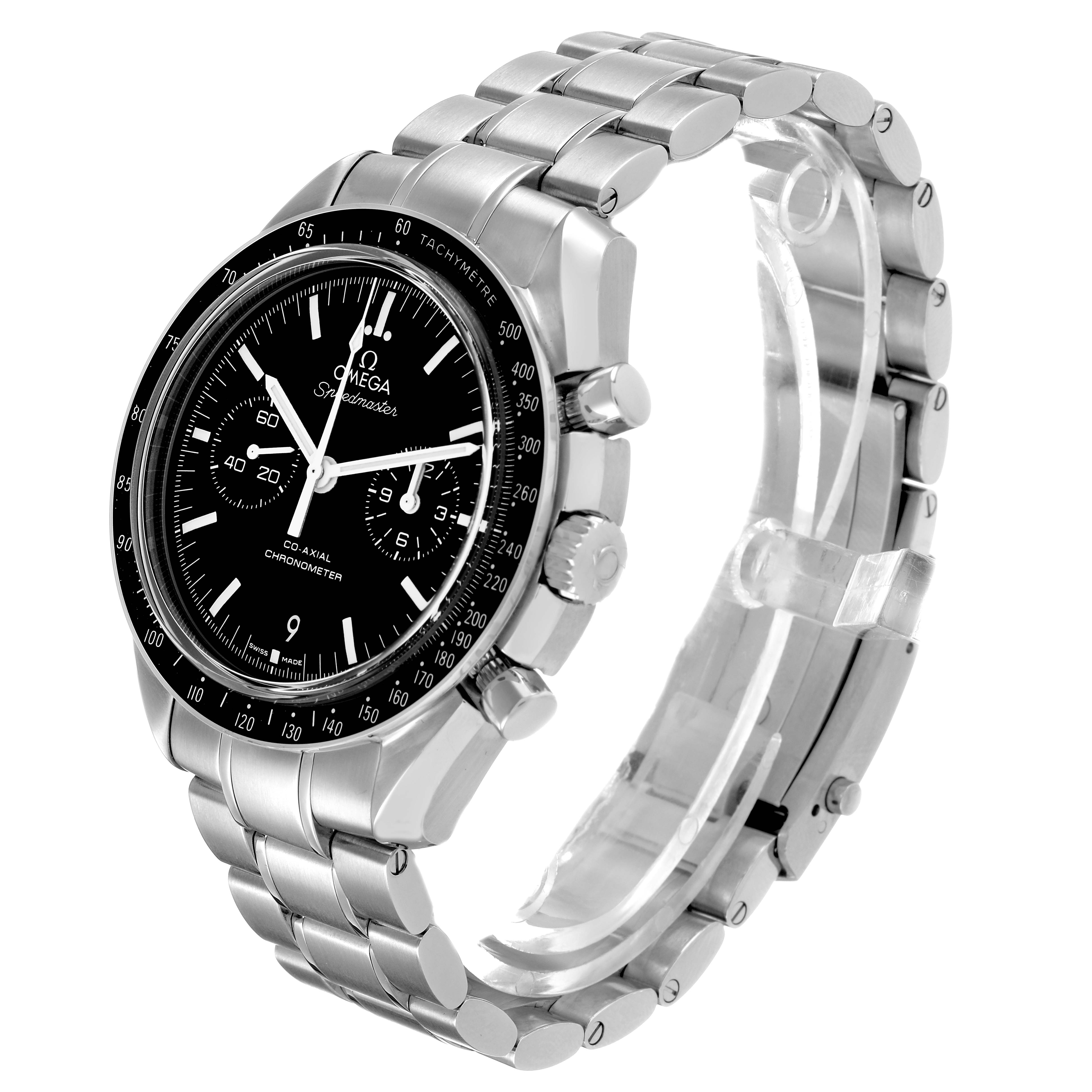 The Omega Speedmaster 311.30.44.51.01.002 Men's Stainless Steel Black Dial watch is shown at an angle highlighting its face, bezel, crown, pushers, and stainless steel bracelet.