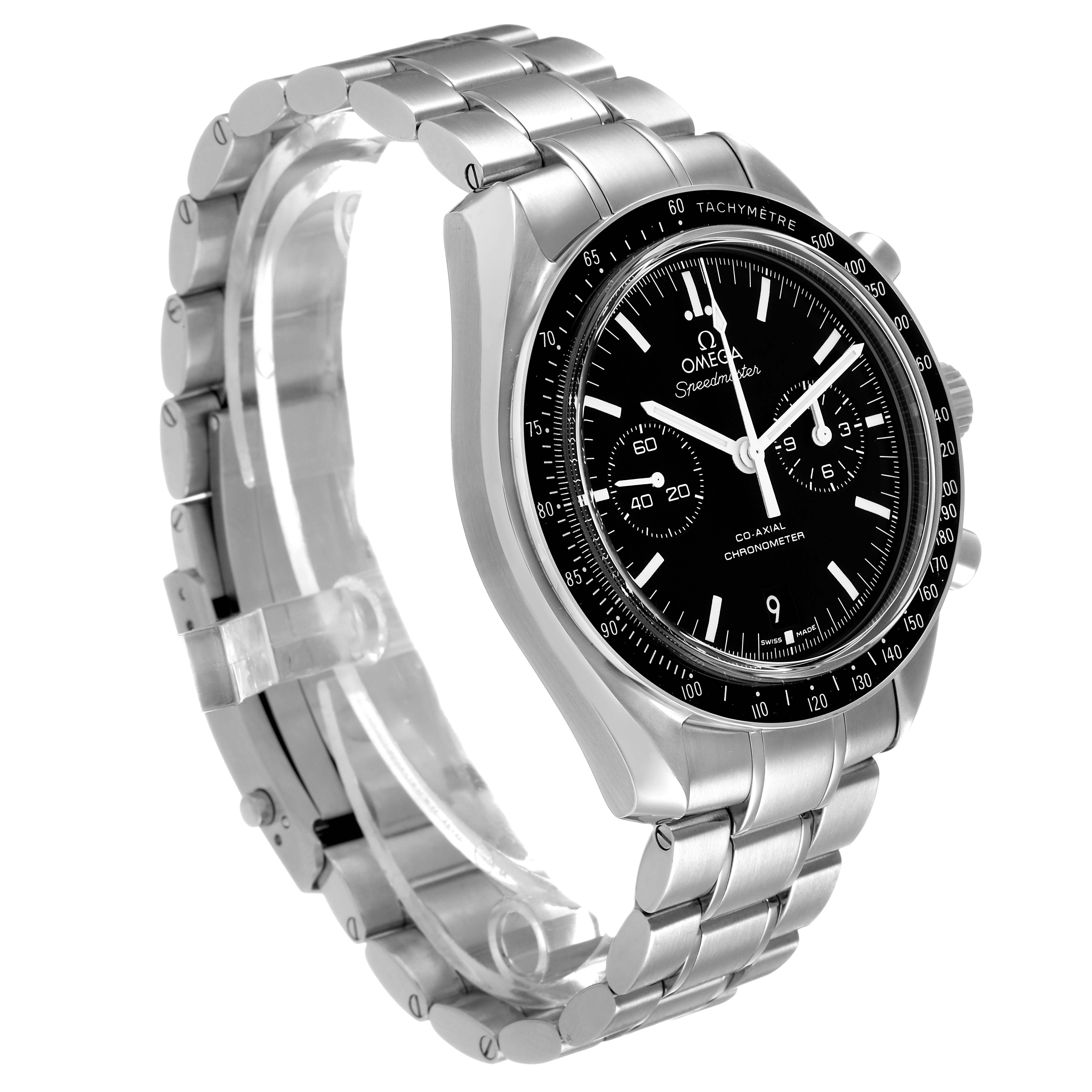 The Omega Speedmaster 311.30.44.51.01.002 Men's Stainless Steel Black Dial watch is shown at a three-quarter angle, highlighting the face, bracelet, and tachymeter bezel.