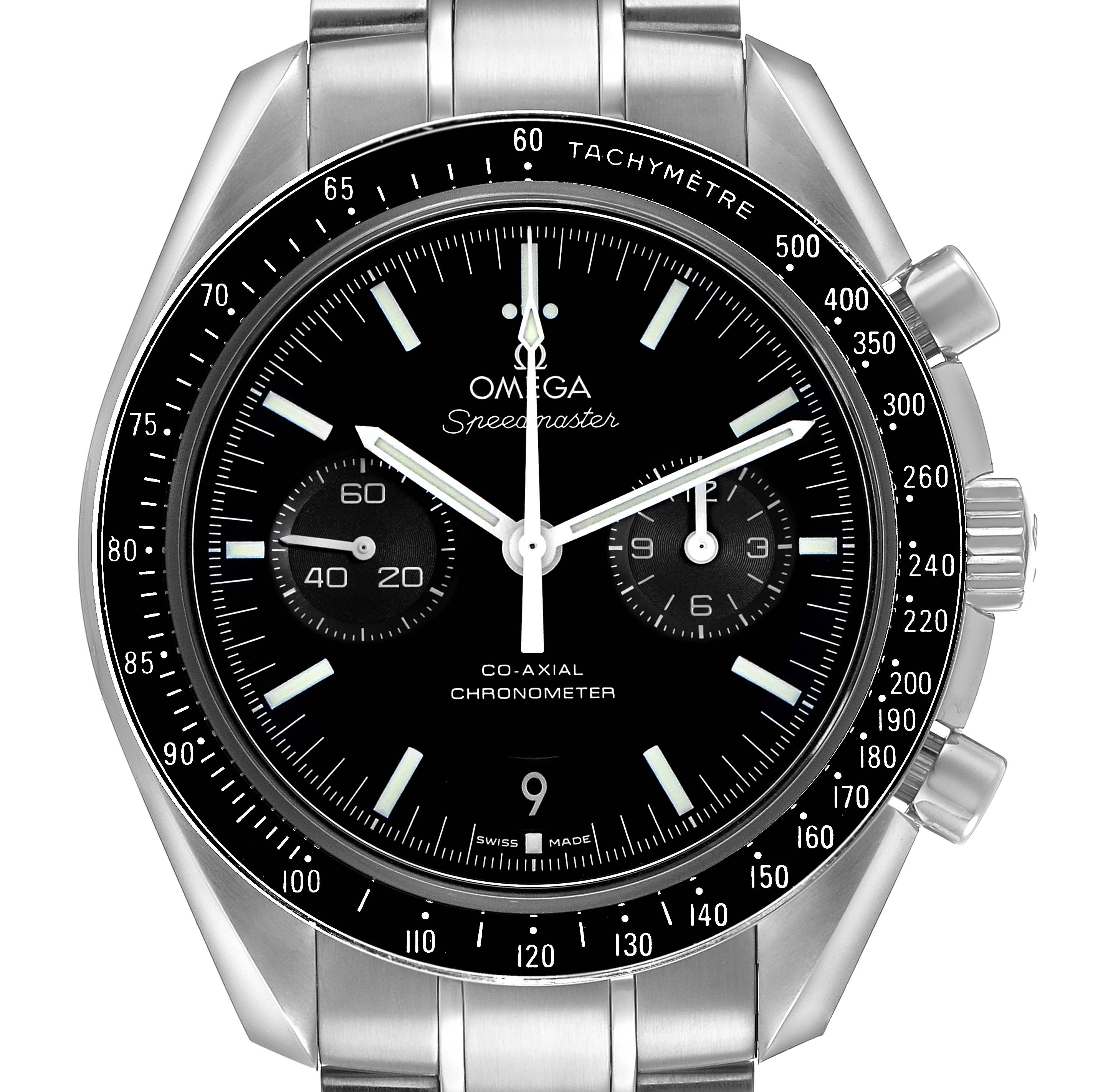 The Omega Speedmaster 311.30.44.51.01.002 Men's Stainless Steel Black Dial watch is shown from a front angle, highlighting its black dial, tachymeter bezel, and chronograph sub-dials.