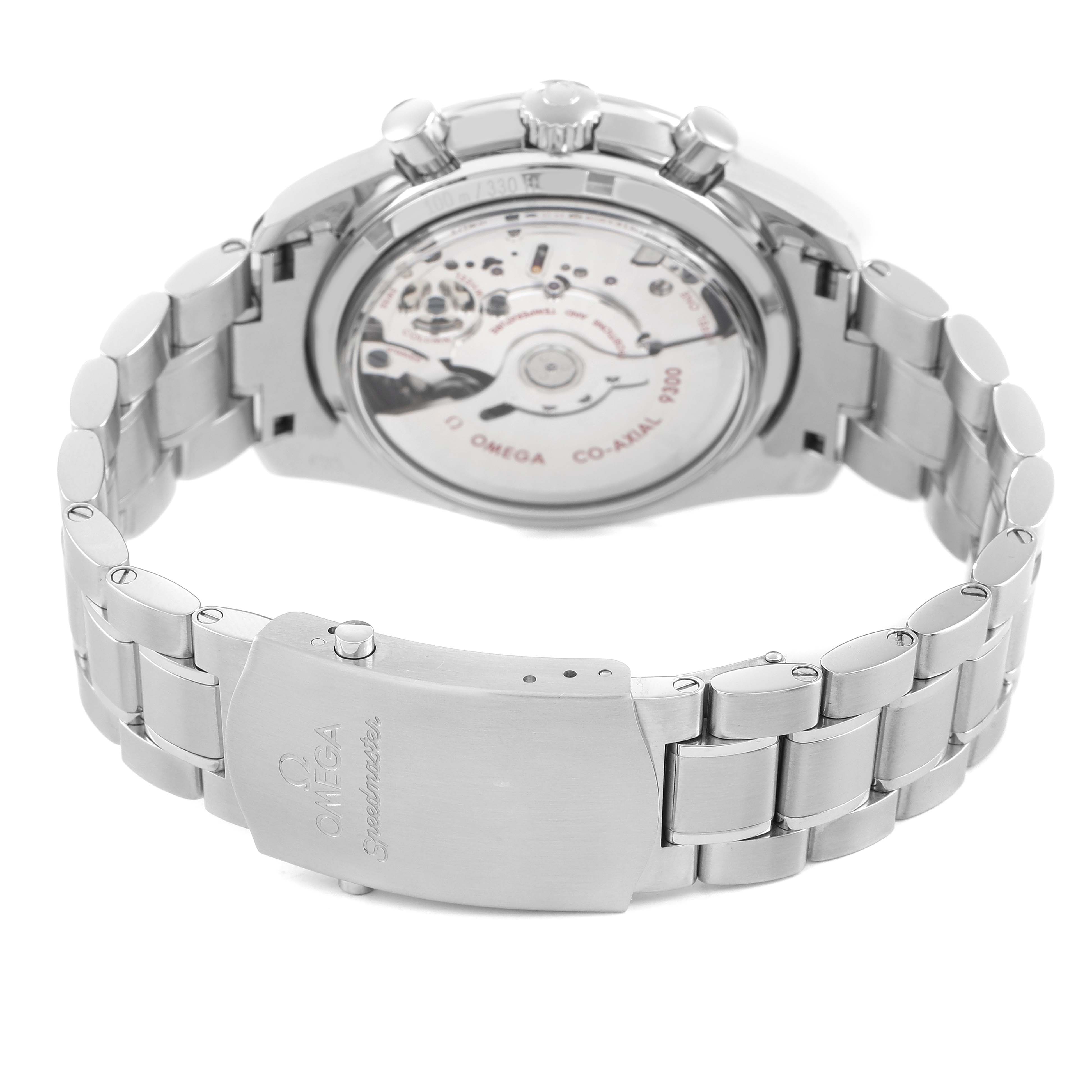 The Omega Speedmaster 311.30.44.51.01.002 Men's Stainless Steel Black Dial is shown from the rear, highlighting the exhibition case back and stainless steel bracelet with clasp.