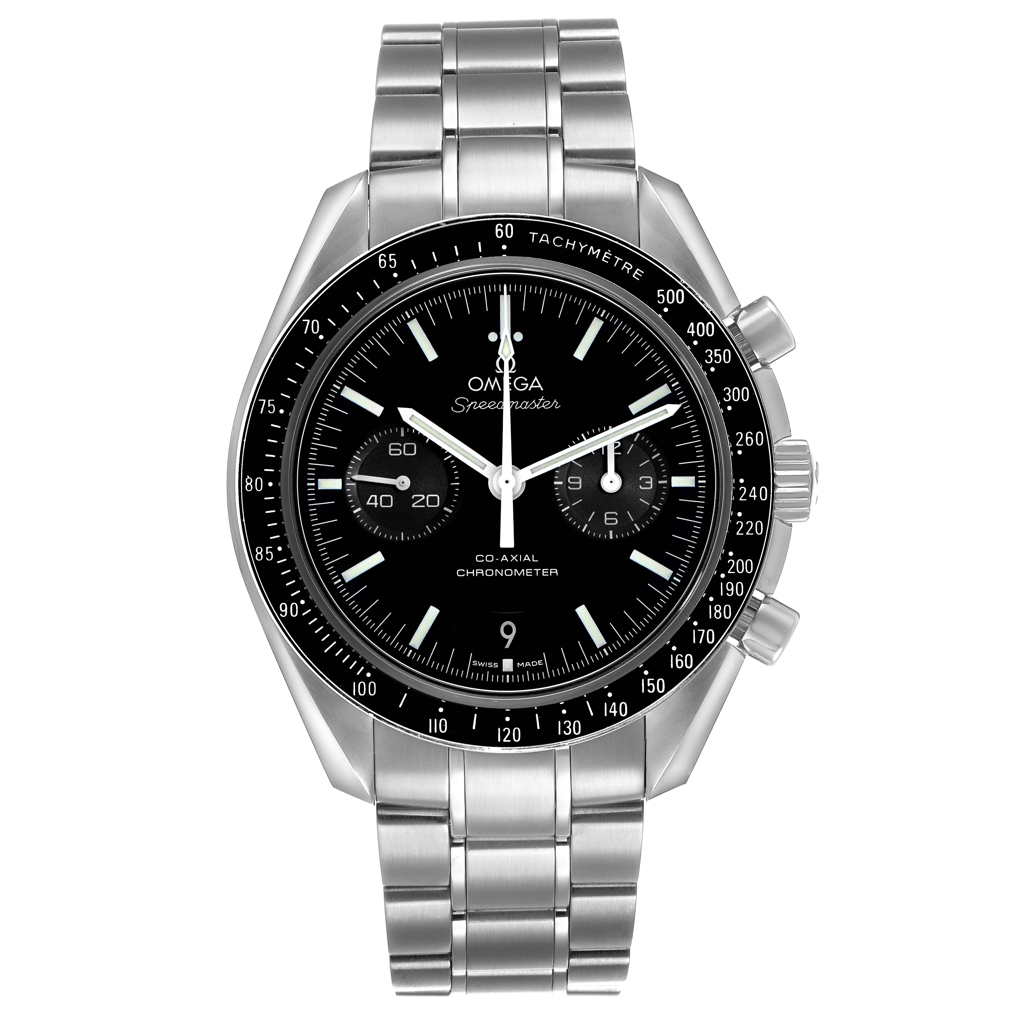 The Omega Speedmaster 311.30.44.51.01.002 Men's Stainless Steel Black Dial watch is shown from a front angle, displaying its face, bezel, and stainless steel bracelet.