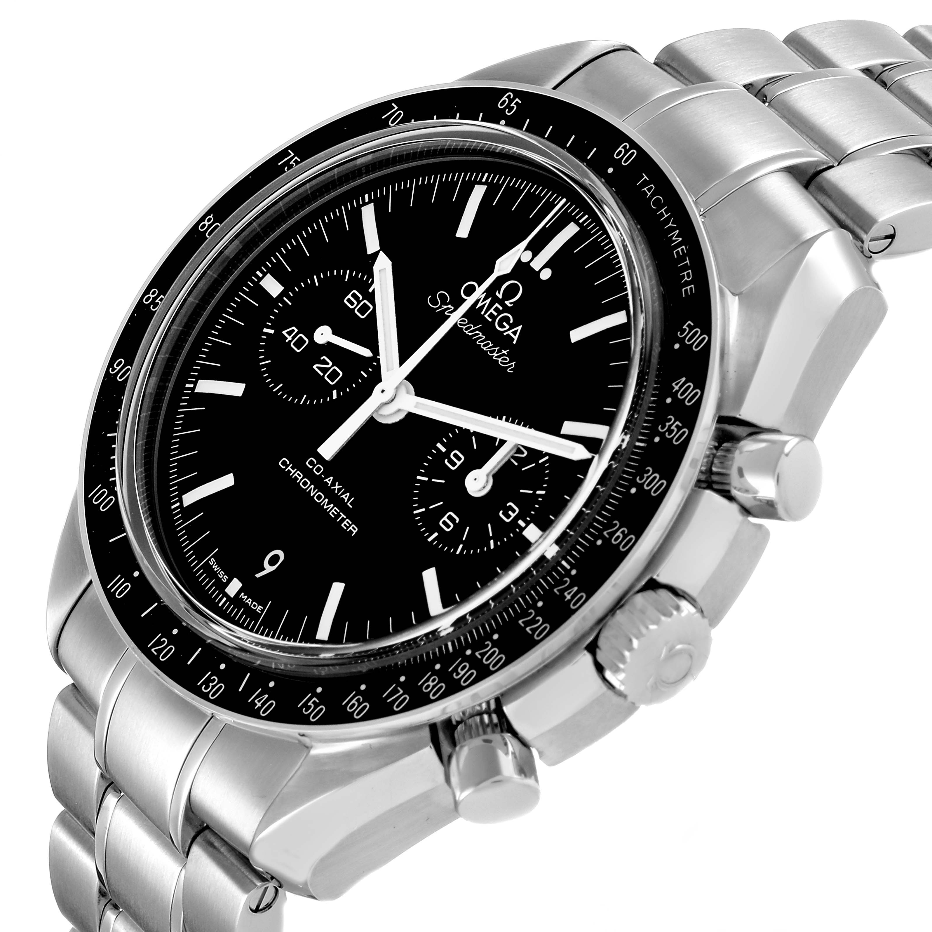The Omega Speedmaster 311.30.44.51.01.002 Men's Stainless Steel Black Dial watch is shown at an angle highlighting the dial, bezel, crown, and stainless steel bracelet.