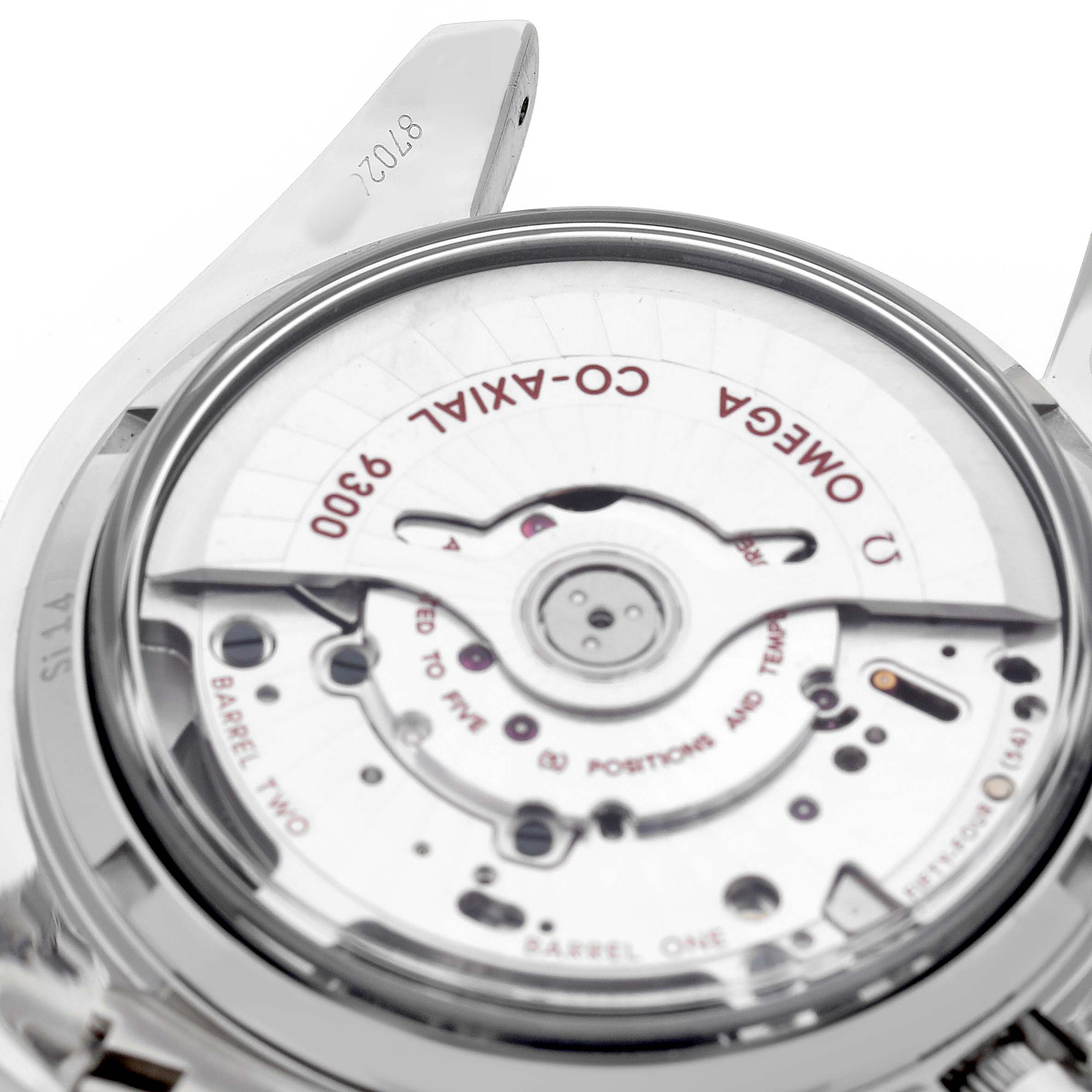 The image shows a close-up of the Omega Speedmaster 311.30.44.51.01.002 Men's Stainless Steel Black Dial's transparent case back, revealing the co-axial movement inside.