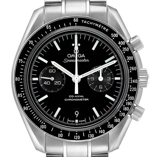 The image shows a front view of the Omega Speedmaster 311.30.44.51.01.002 Men's Stainless Steel Black Dial watch, displaying its face, tachymeter bezel, and chronograph dials.