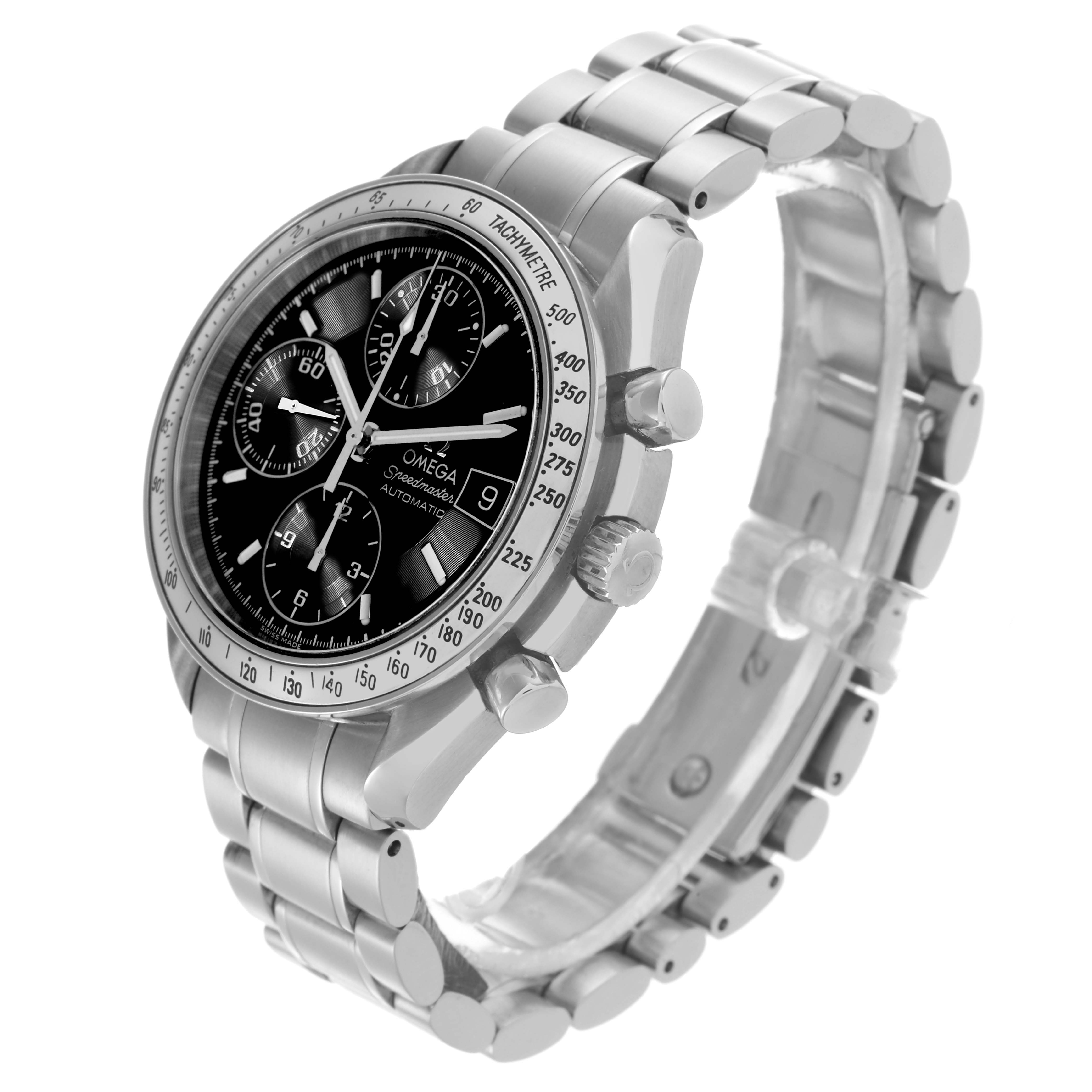 The Omega Speedmaster 3513.50.00 Men
s Stainless Steel Black Dial 3513.50.00 Men
s Stainless Steel Black Dial watch is shown at a slight angle, displaying the face, bezel, pushers, crown, and part of the metal bracelet.