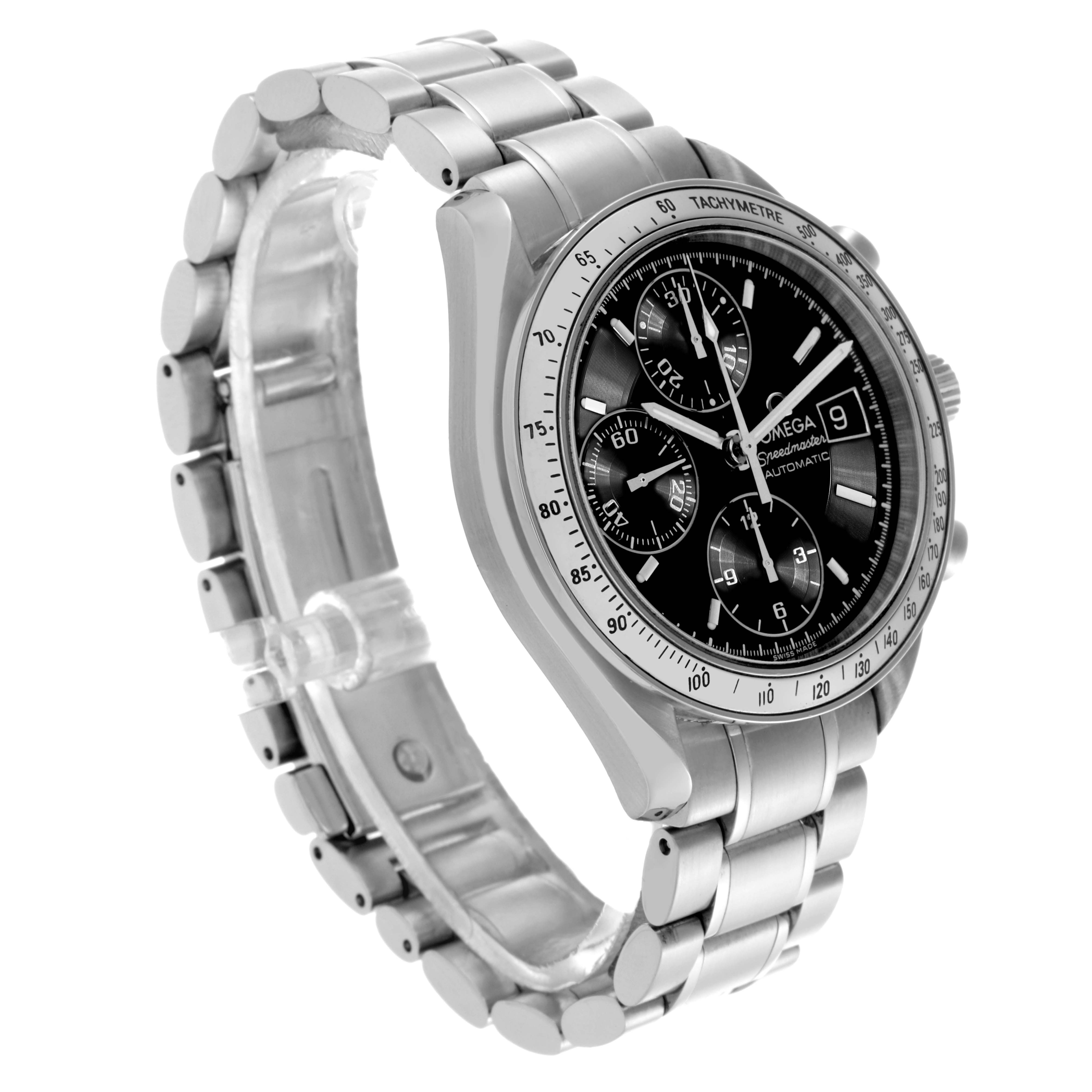 The Omega Speedmaster 3513.50.00 Men
s Stainless Steel Black Dial 3513.50.00 Men
s Stainless Steel Black Dial watch is shown at an angle highlighting the face, bracelet, and tachymeter bezel.
