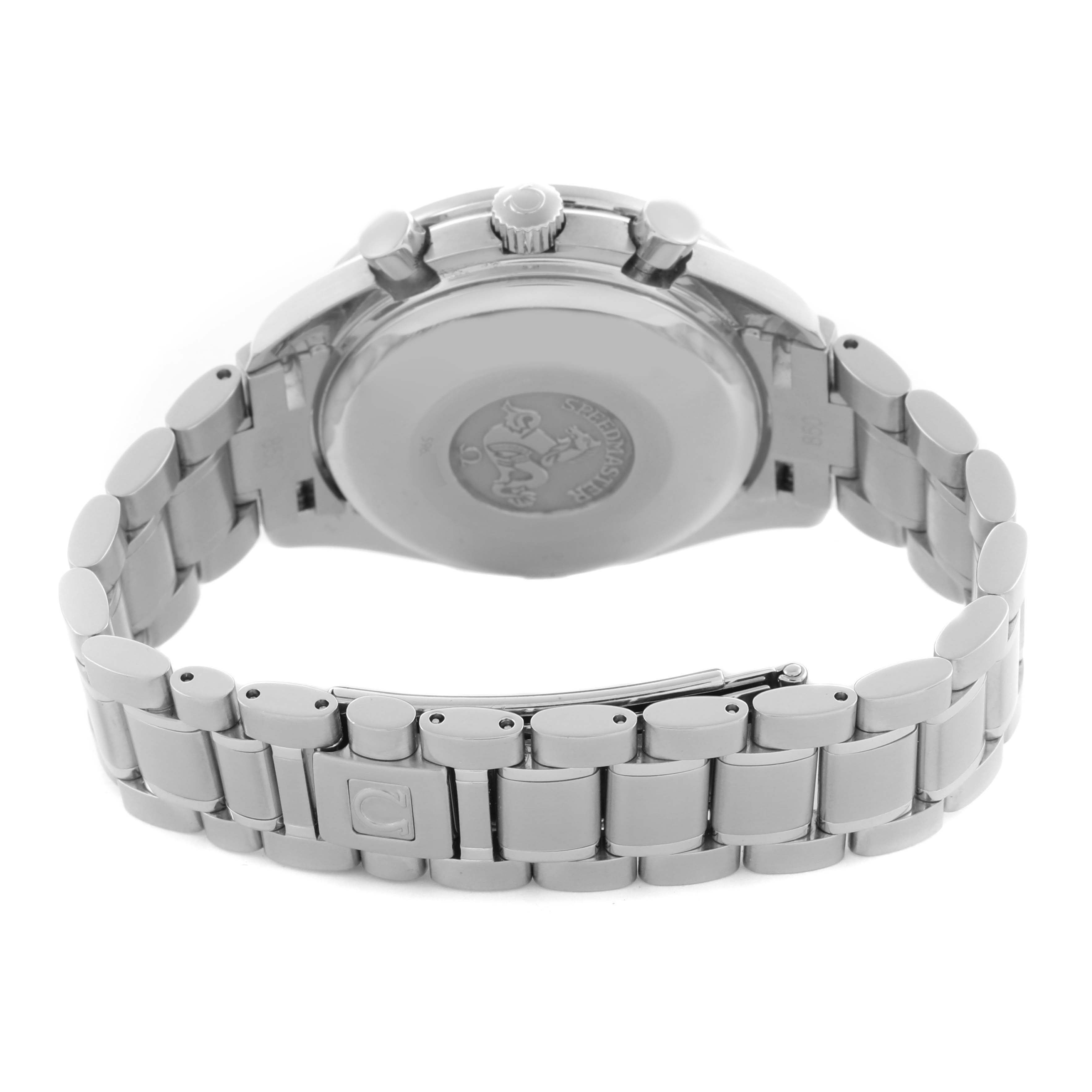 The Omega Speedmaster 3513.50.00 Men
s Stainless Steel Black Dial 3513.50.00 Men
s Stainless Steel Black Dial watch is shown from the back, highlighting the clasp, bracelet, case back, and pushers.