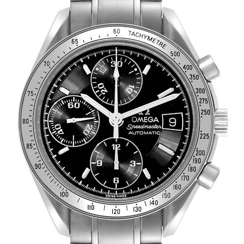 The Omega Speedmaster watch is shown from the front, displaying its dial, tachymeter scale, and pushers.