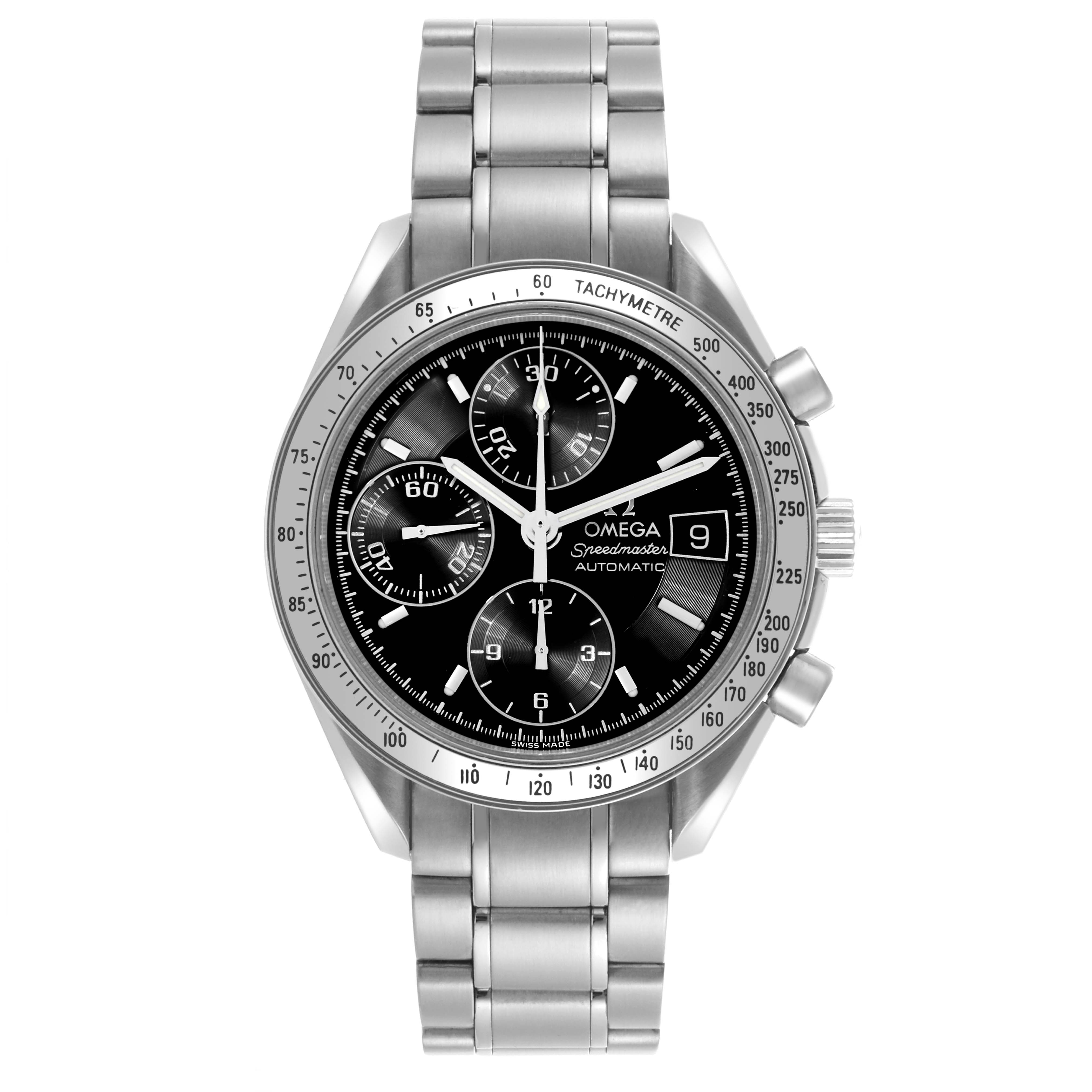 The Omega Speedmaster 3513.50.00 Men
s Stainless Steel Black Dial 3513.50.00 Men
s Stainless Steel Black Dial watch is shown from a front view, displaying the entire face, bezel, and metal bracelet.